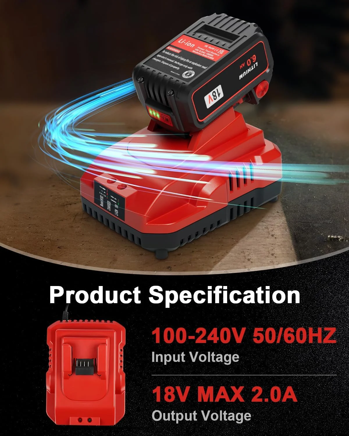 2-Pack 18V 6.0Ah Replacement for Milwaukee M-18 Battery and 1 Charger (red) - Image 2