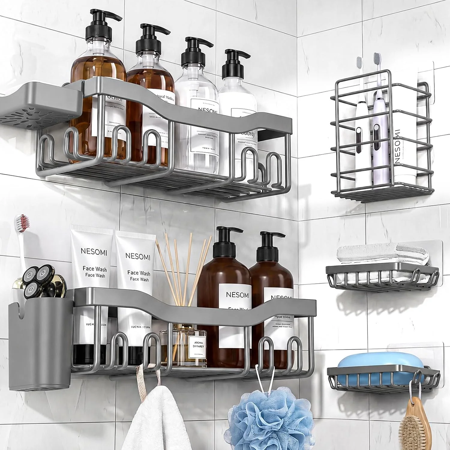 7-Pack Shower Caddy Adhesive, Stainless Steel Shower Organizer Shelf - Image 2