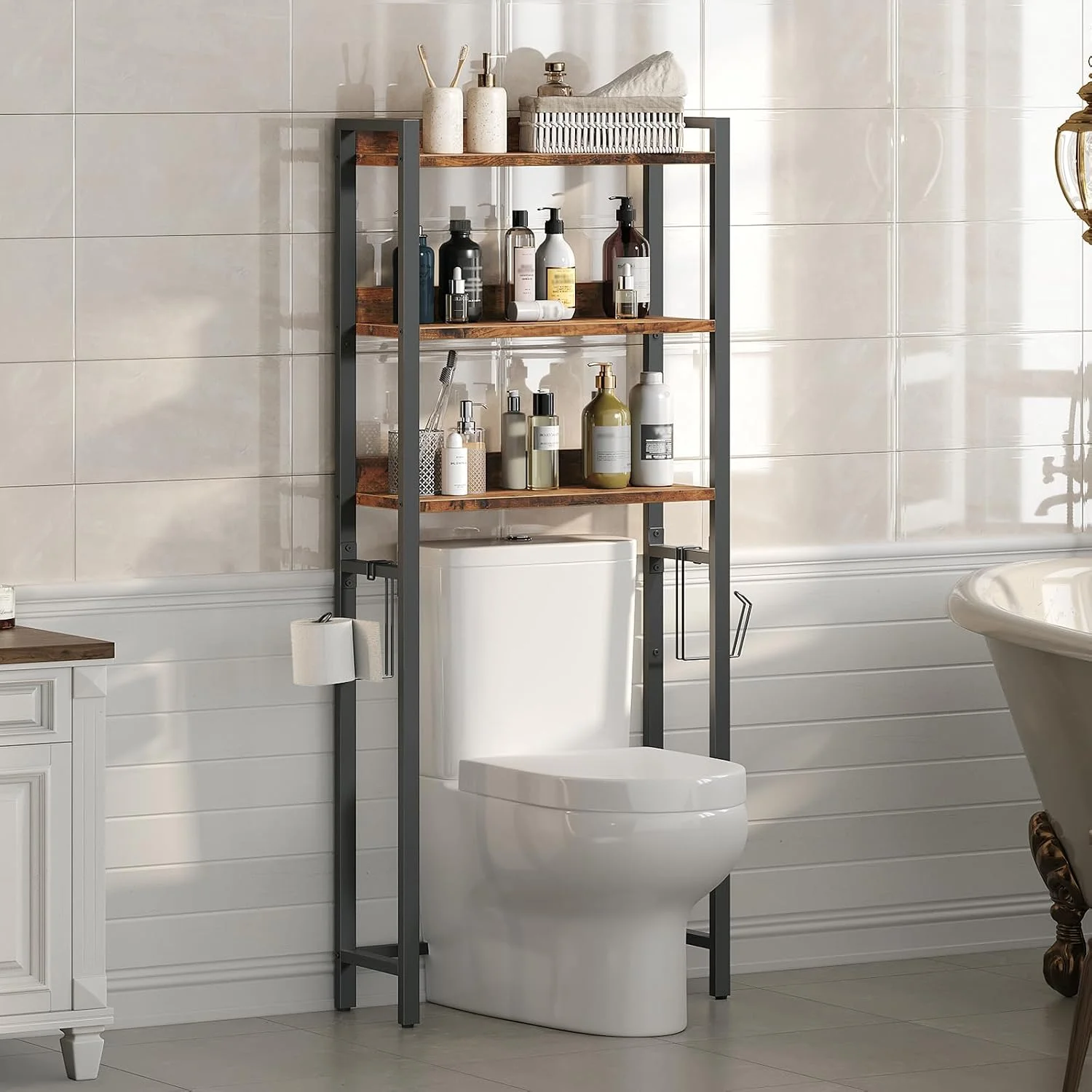 Over The Toilet Storage Rack, 4 Tier Bathroom Organizer Over Toilet, Freestanding Space Saver Toilet Stand with 2 Hooks, Bathroom Storage Shelf, Easy to Assemble, Rustic Brown TSHR0401Z - Image 4