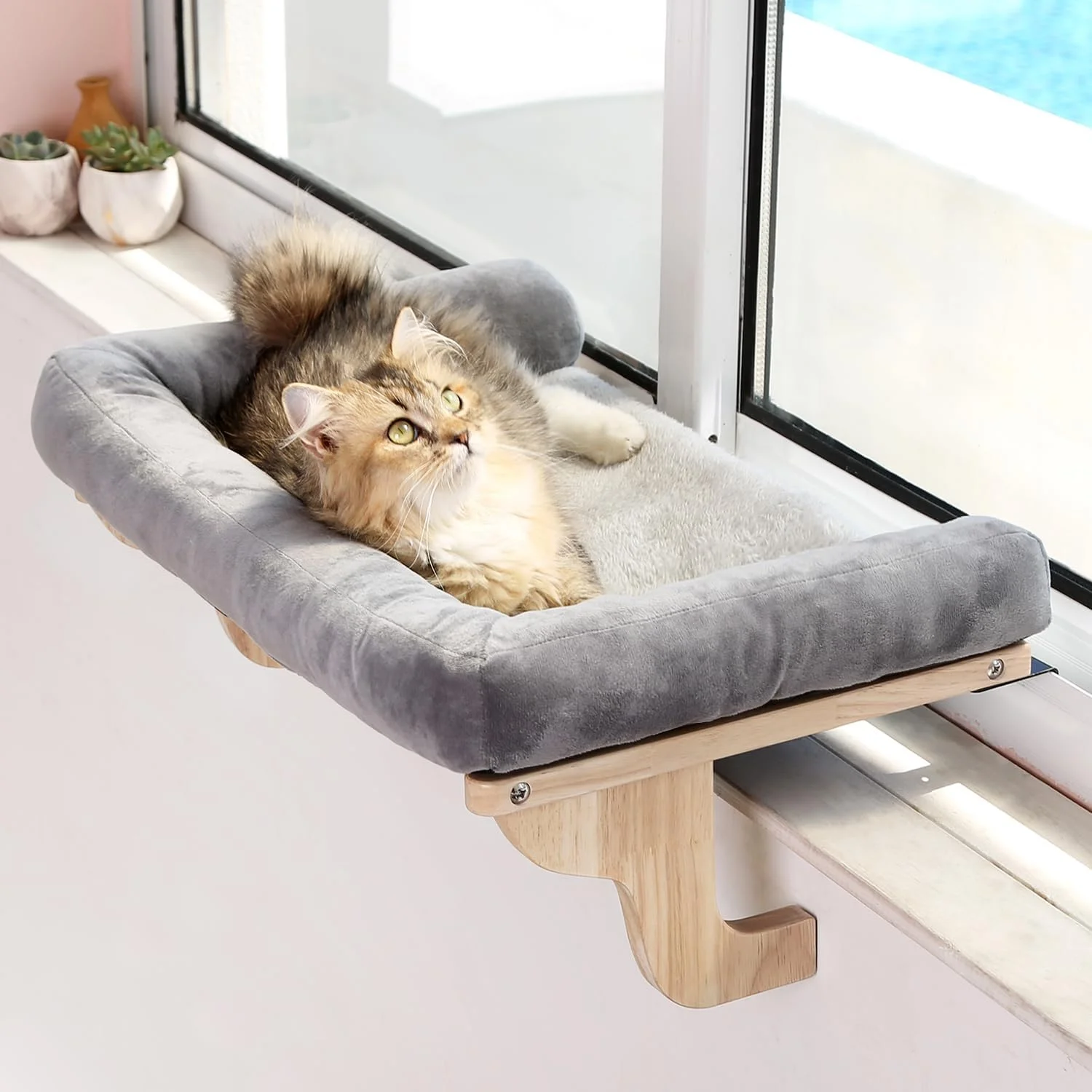 Cat Perch for Windowsill with Bolsters (Natural Wood/Gray, L) - Image 4