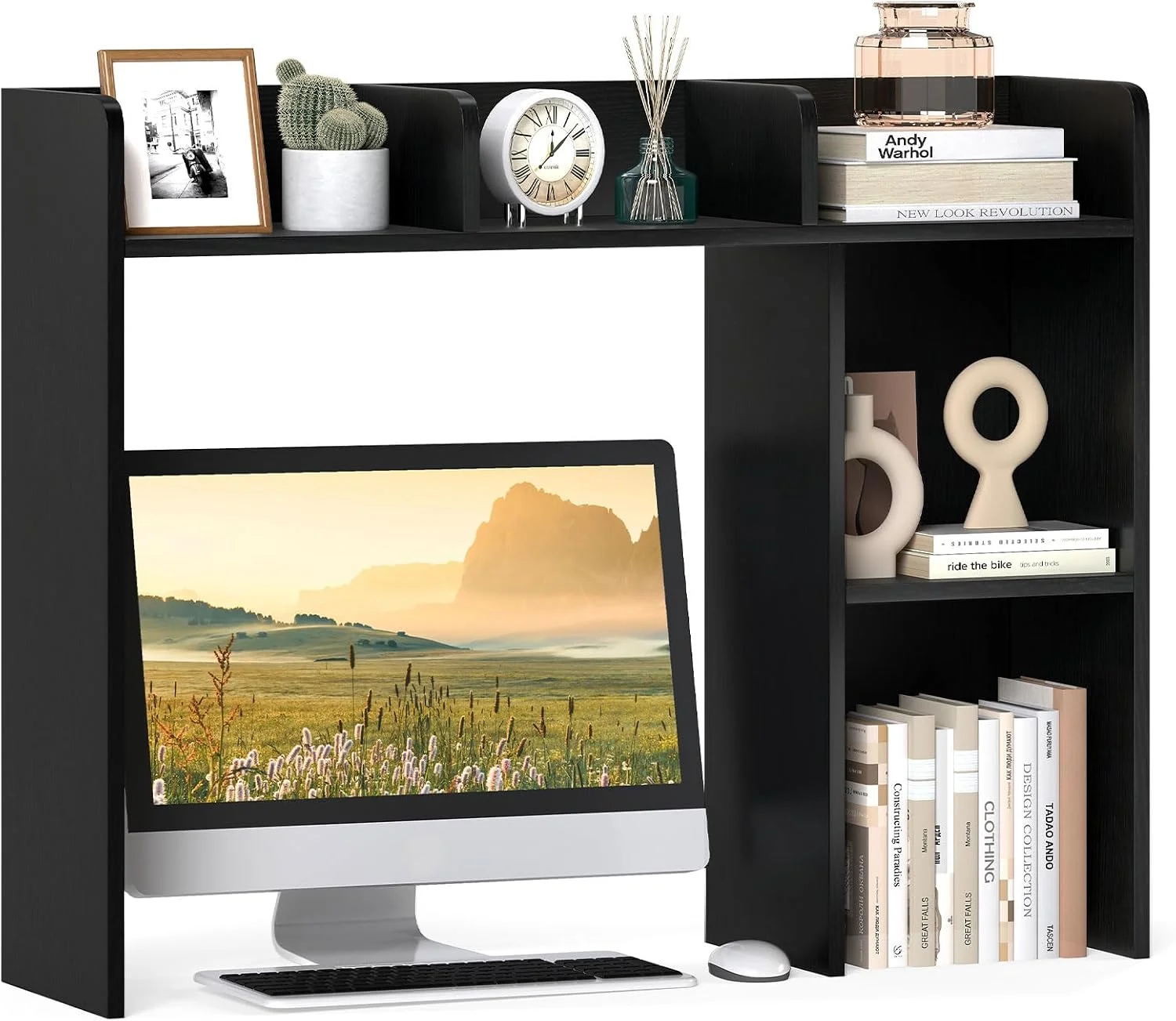 Desktop Bookshelf, 37 Desk Hutch Dorm for Computer Up to 32 Inch, Countertop Hutch w/6 Storage Shelves, 3-Tier Desktop Organizer Display Rack, Wood Desk Shelf for Home Office (Natural) - Image 12