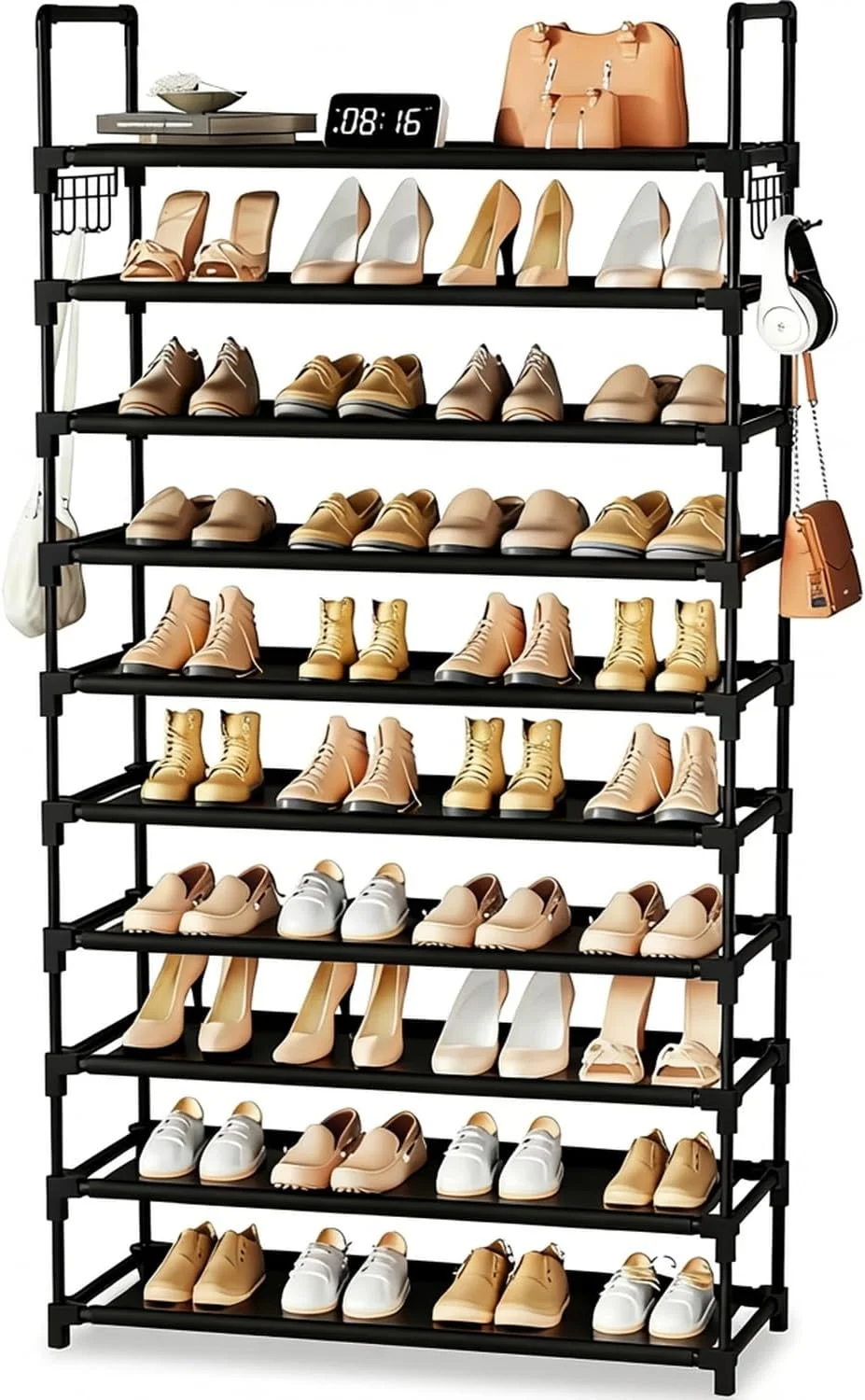 10 Tier Shoe Rack, Large Capacity Tall Shoe Storage Organizer Holds 50-55 Pairs Shoes and Boots, Vertical Shoe Shelf Cabinet with Versatile Hooks for Closet Entryway Garage Bedroom - Image 2