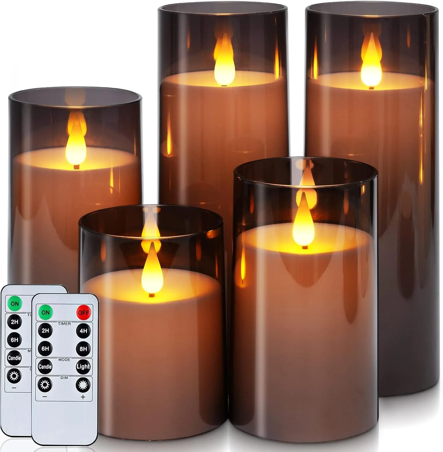 Gray Flickering Flameless Candles, Battery Operated Acrylic LED Pillar Candles with Remote Control and Timer, Halloween Decor, Set of 5 - Image 4