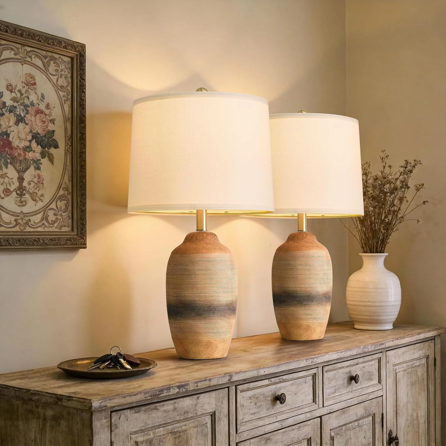 24 inch Vintage Ceramic Table Lamp with 5FT Cord - Single Farmhouse Rustic Bedside Lamp with Natural Textured Finish, Nightstand Lamps for Living Room - Image 4