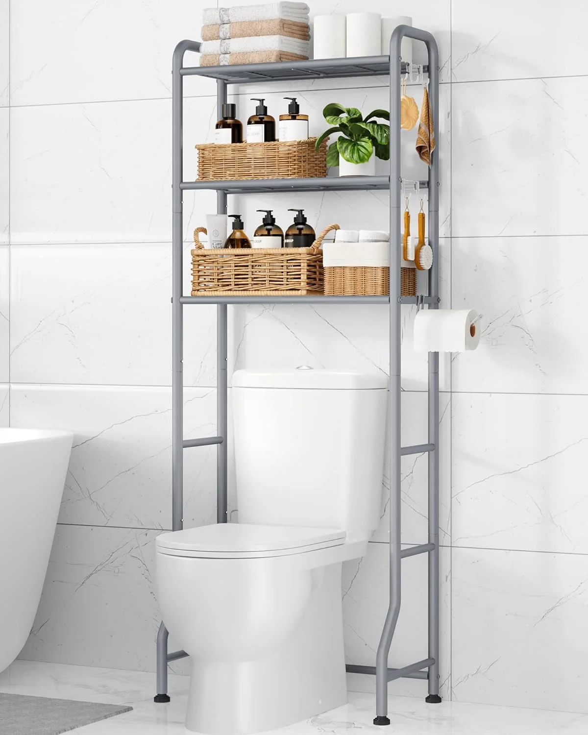 Over Toilet Storage Rack, 63.2 H Space-Saving, Holder & Hooks - Image 4