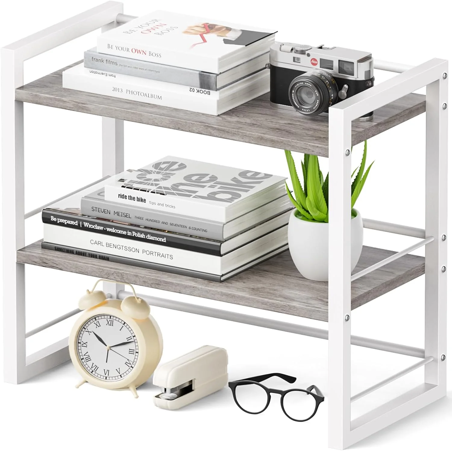 Office Desk Shelf Organizer, Wood Desktop Bookshelf Supplies Storage Rack, Shelf for Top of Desk and Dresser (Black-2 Tier) - Image 6