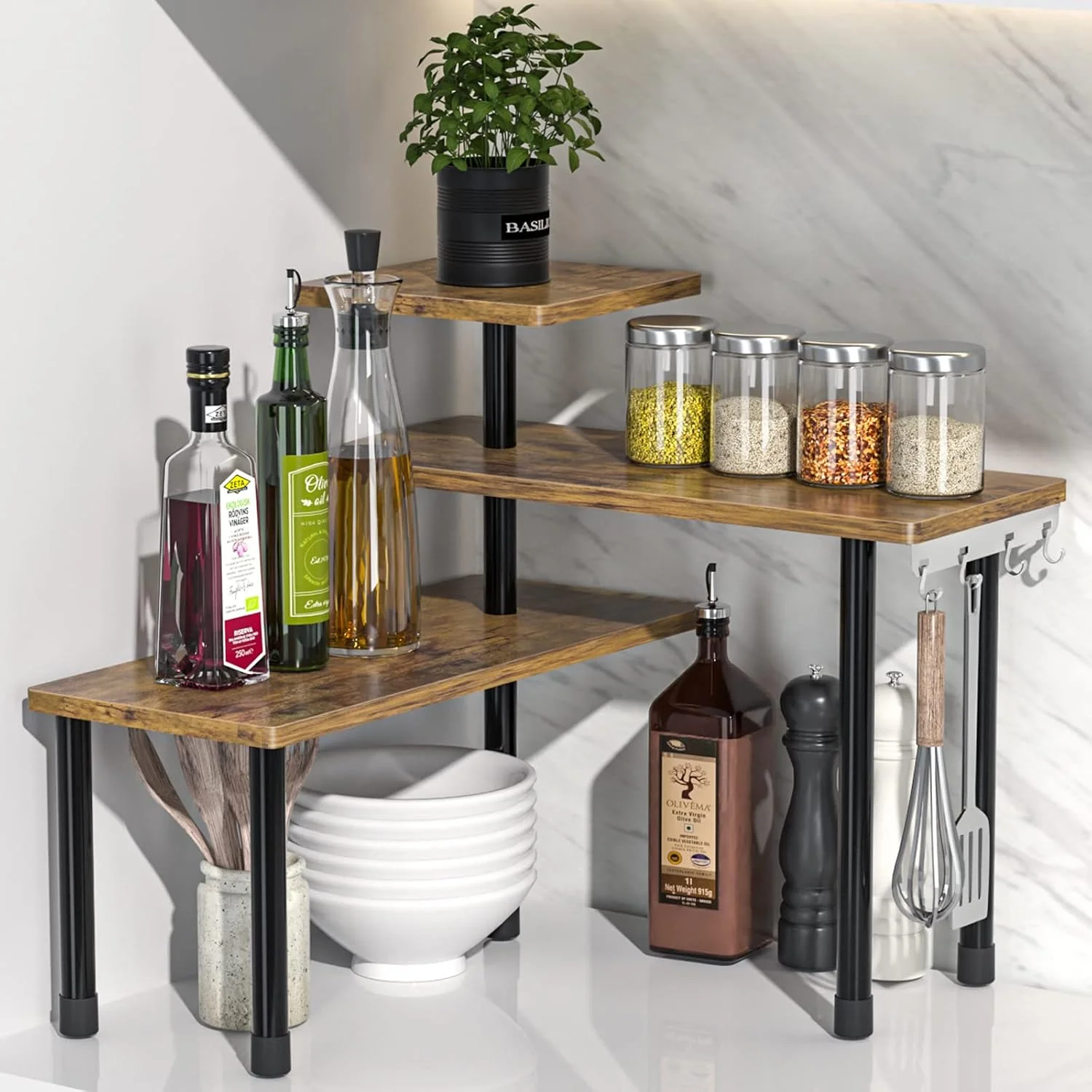 Kitchen Countertop Organizer 3-Tier Corner Shelf, Rustic Brown - Image 2