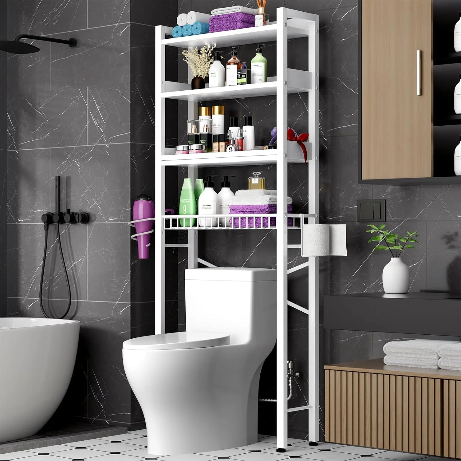 Over-The-Toilet Storage Rack, 4-Tier Bathroom Organizer Shelf Over Toilet with Adjustable Shelf and Basket, Freestanding Space Saver Bathroom Shelves Above Toilet for Room (Black) - Image 3