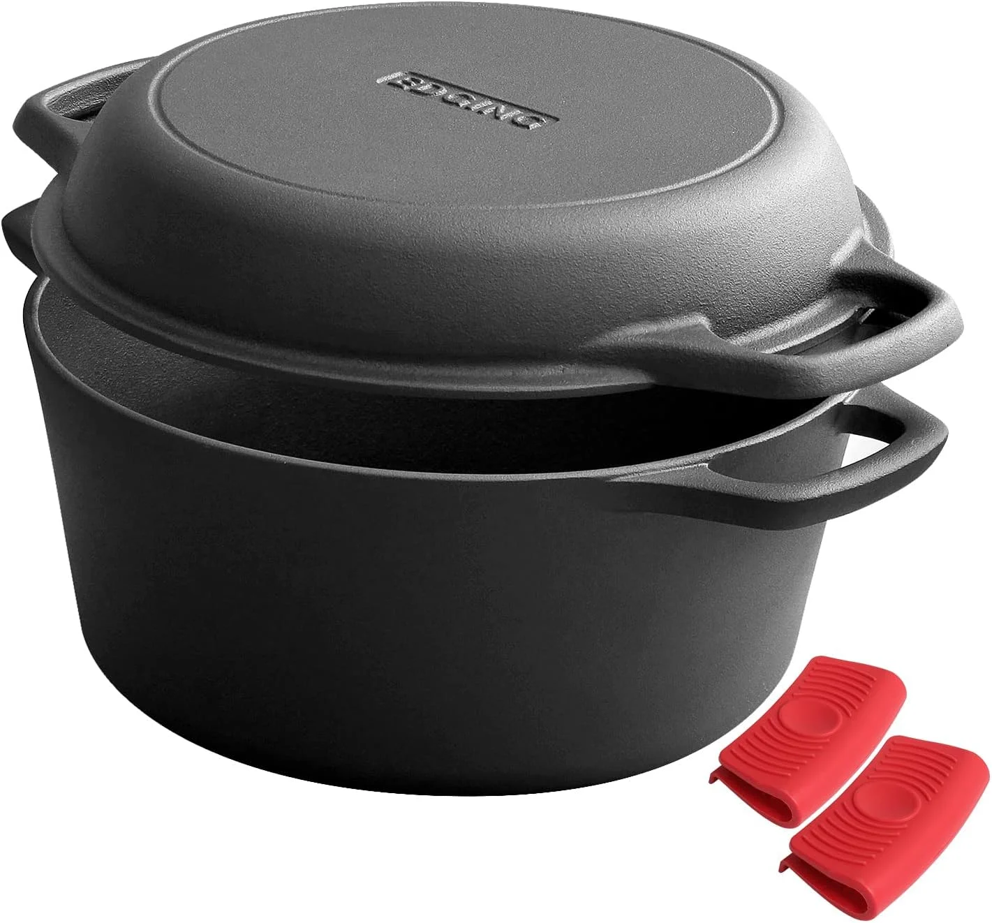 EDGING CASTING 2-in-1 Pre-Seasoned Cast Iron Dutch Oven Pot with Skillet Lid Cooking Pan, Cast Iron Skillet Cookware Pan Set with Dual Handles, Indoor Outdoor for Bread/Frying/Baking/Camping/BBQ, 5 Qt - Image 2