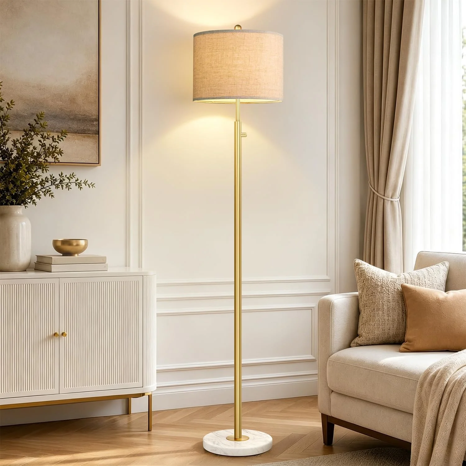 Dimmable Gold Floor Lamp, Turkish Marble Base, White Linen Shade