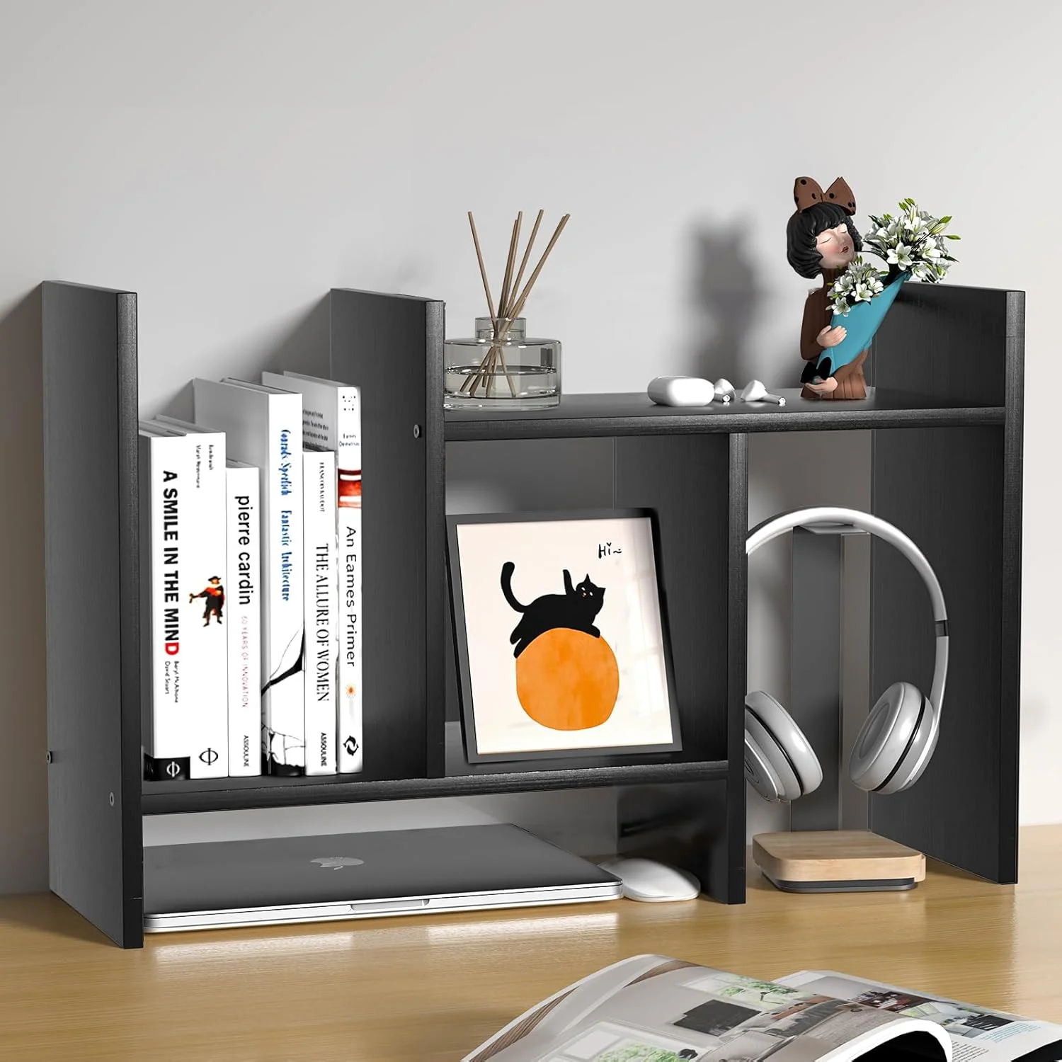 Desk Shelves Wood Desktop Orgnizer Shelf. Office Organization for Top of Desk Organizers and Accessories Bookshelf Shelving, Adjustable Tier H-Shape Mini Bookcase(White) - Image 2