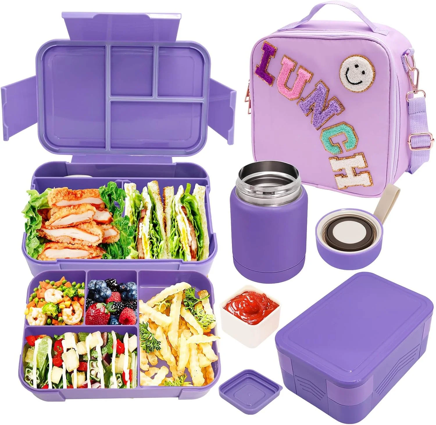 Lunch Box for Girls with 10oz Thermo, with 6 Compartment Bento Box, Purple Nylon Insulated Lunch Bag Adjustable Strap for Girl Kids Teens School - Image 4