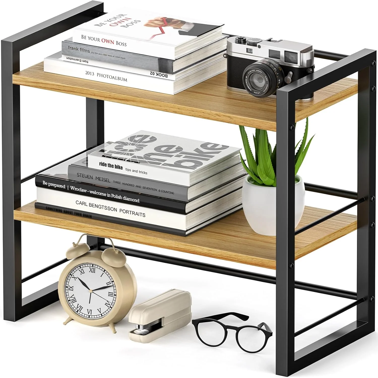Office Desk Shelf Organizer, Wood Desktop Bookshelf Supplies Storage Rack, Shelf for Top of Desk and Dresser (Black-2 Tier) - Image 5