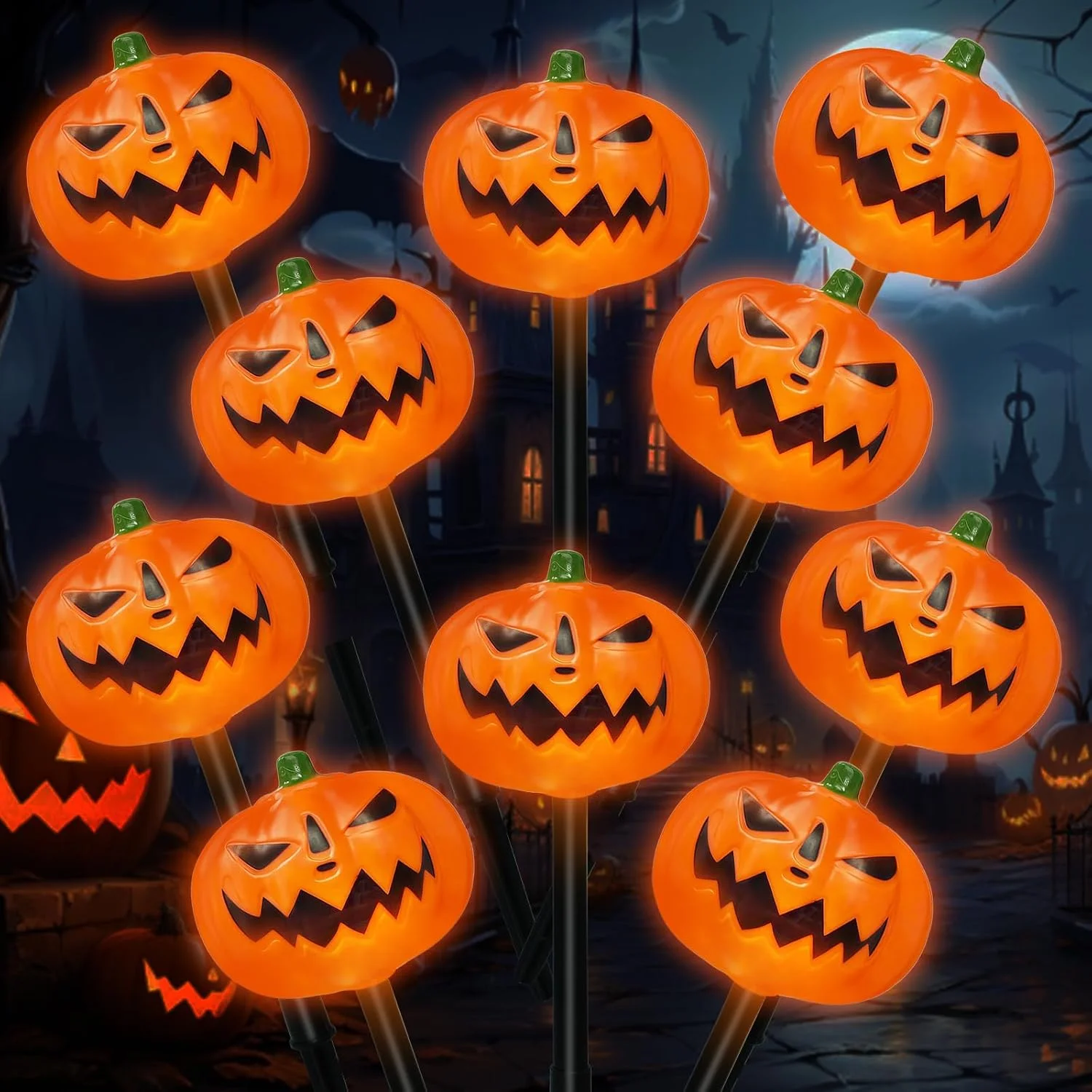 Halloween Pumpkin Stake Lights, Set of 10 Decorative Solar Pumpkin Lights, Waterproof Halloween Decorations for Outdoor Garden and Yard - Image 2