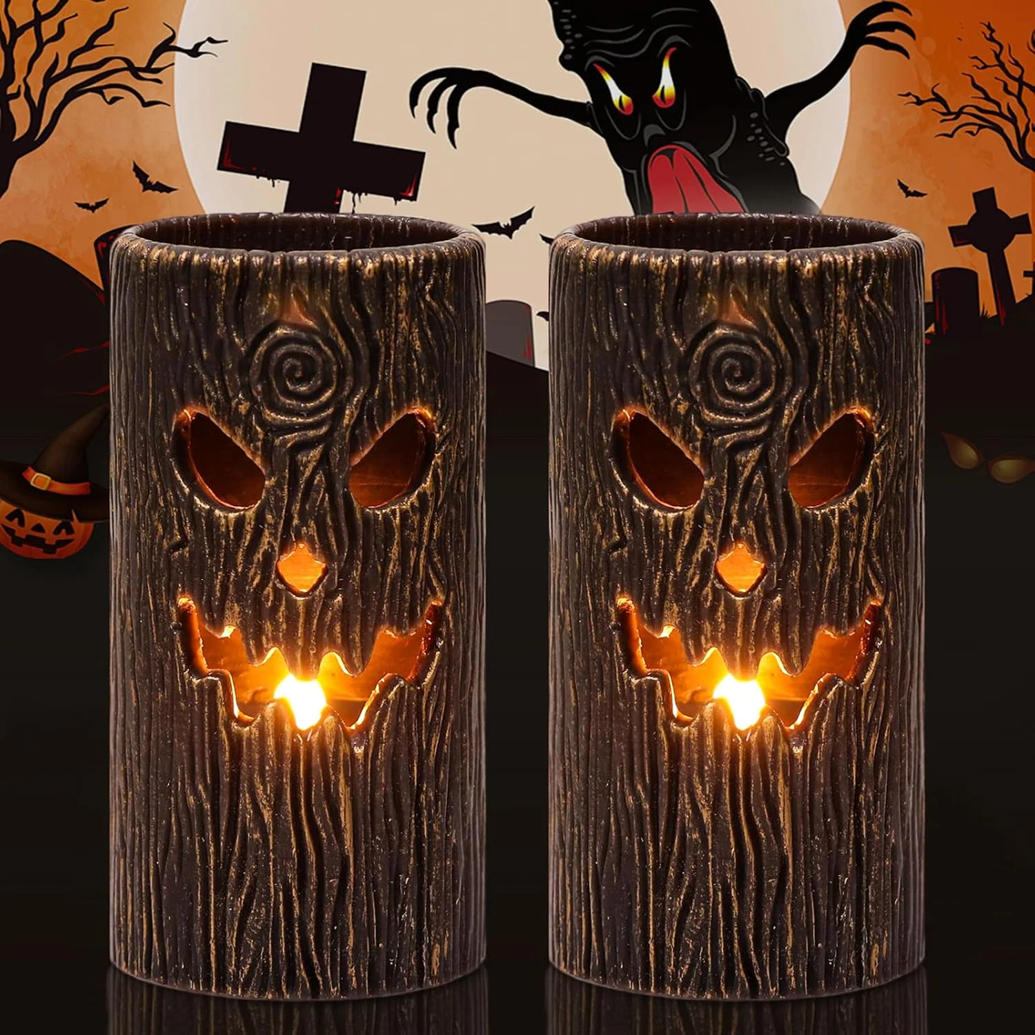 Halloween Ghost Flameless Pillar Candles with Remote Timer, 2PCS - Image 3