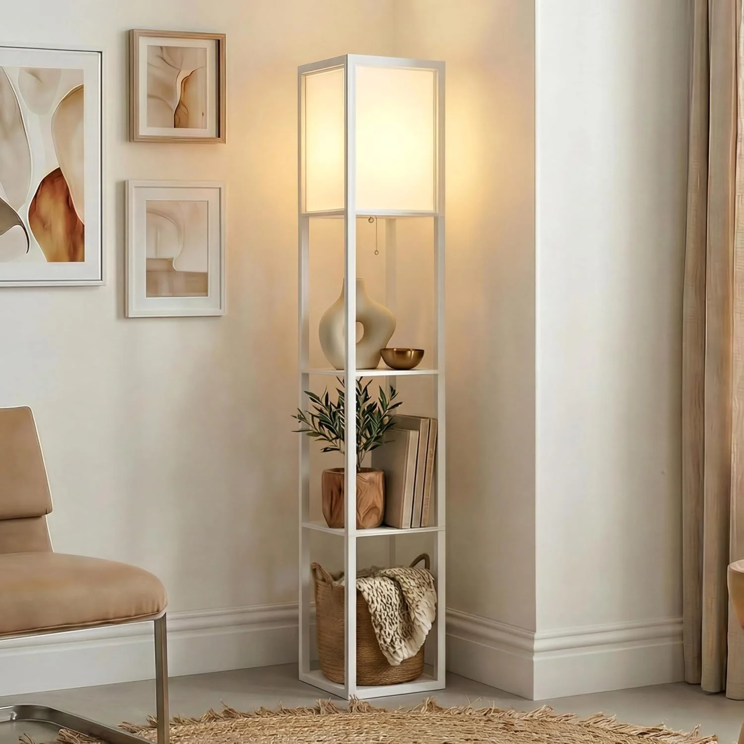 Maxwell - Modern Shelf Floor Lamp with Lamp Shade & Warm White LED Bulb, Corner Display Floor Lamp with Shelves for Living Room, Bedroom - Image 2