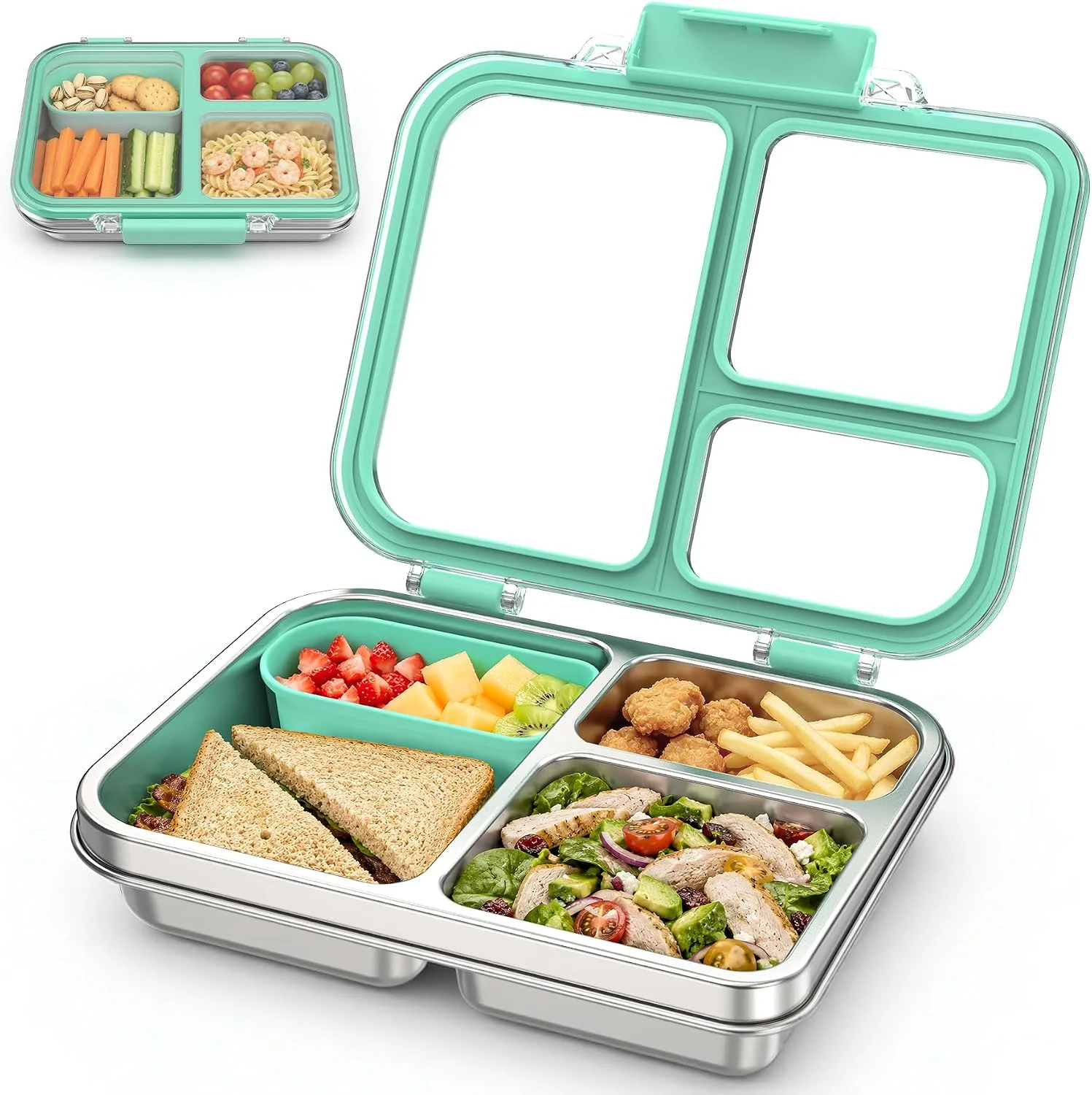 FAJSL Stainless Steel Bento Box for Kids, 3-Compartment Metal Lunch Box with Clear Lid & Removable Silicone, Lunch Box Kids with Silicone Inner Container for Meal Prep, School, Office (Grey) - Image 2