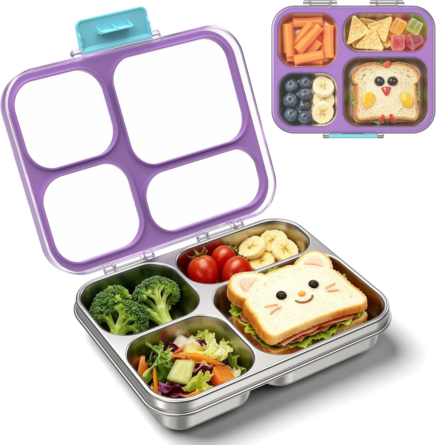 Reeple Stainless Steel Lunch Box for Kids, Leakproof 4 Compartment Kids Bento Lunch Box with Clear Lid, BPA-Free Steel Lunch Box Containers for School Travel (Blue) - Image 3