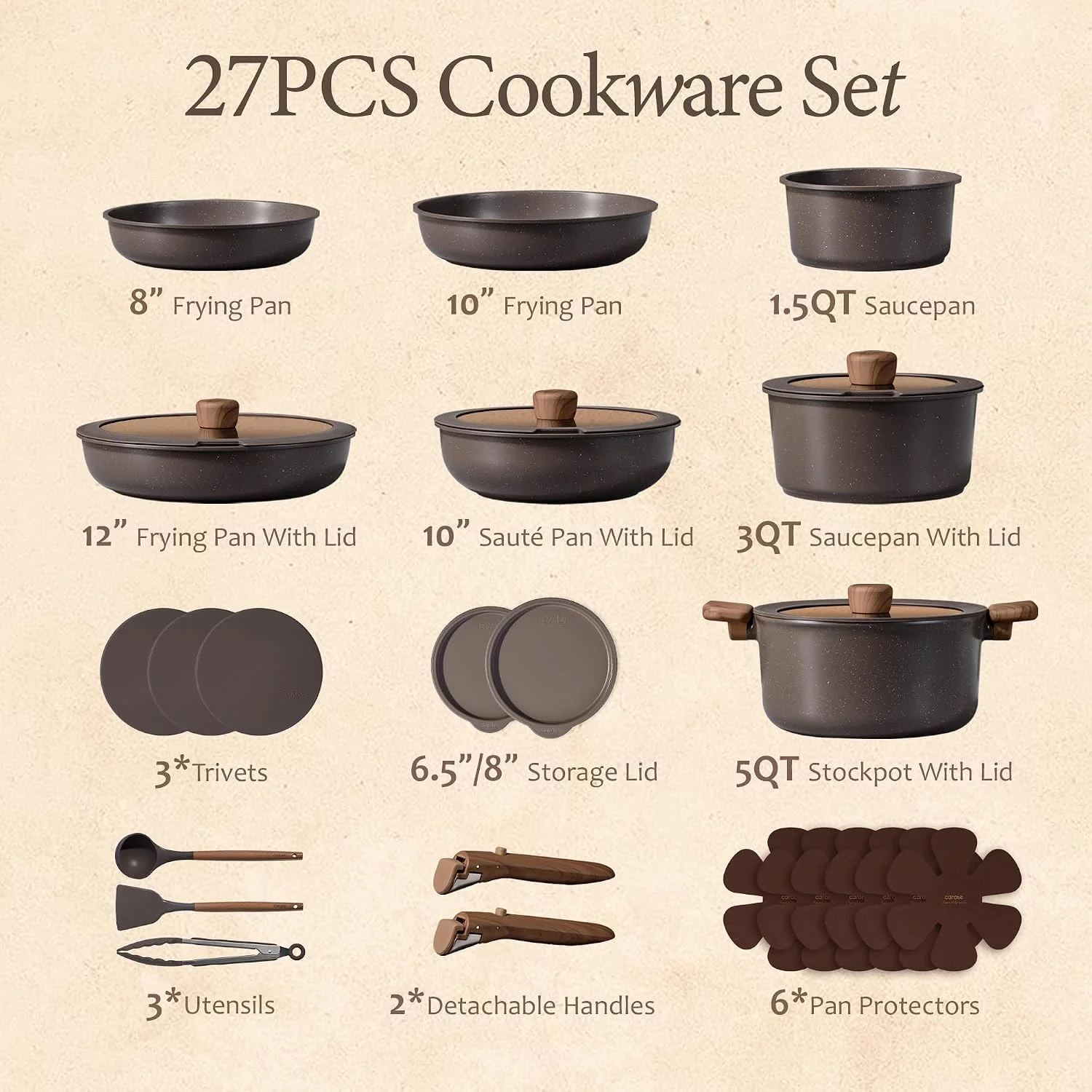 CAROTE 27pcs Pots and Pans Set Non Stick, Detachable Handle Cookware - Image 2