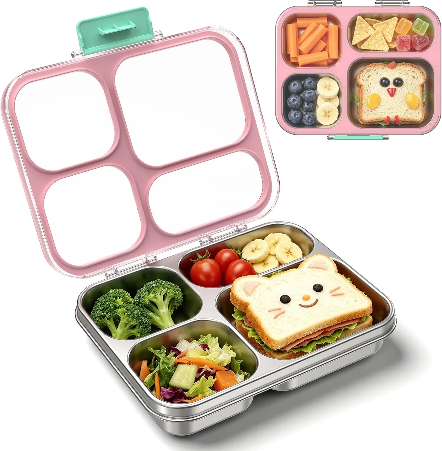 Reeple Stainless Steel Lunch Box for Kids, Leakproof 4 Compartment Kids Bento Lunch Box with Clear Lid, BPA-Free Steel Lunch Box Containers for School Travel (Blue)