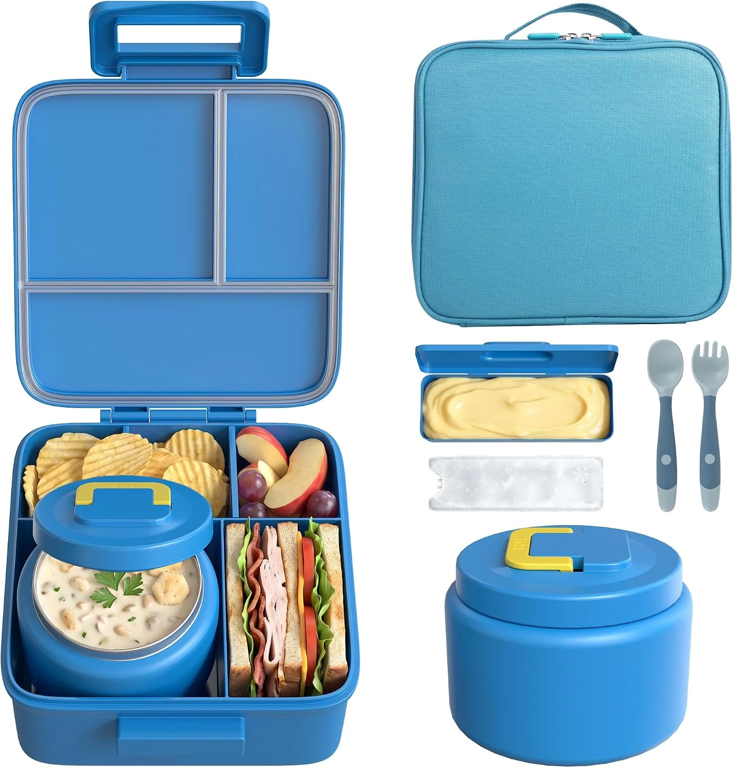 MAISON HUIS Bento Lunch Box with 8oz Soup Thermo and Insulated Lunch Bag, Kids Leakproof Lunch Food Containers with 5 Compartment, Boys Girls Thermo Hot Food Jar for Travel, School, BPA Free (Black) - Image 2