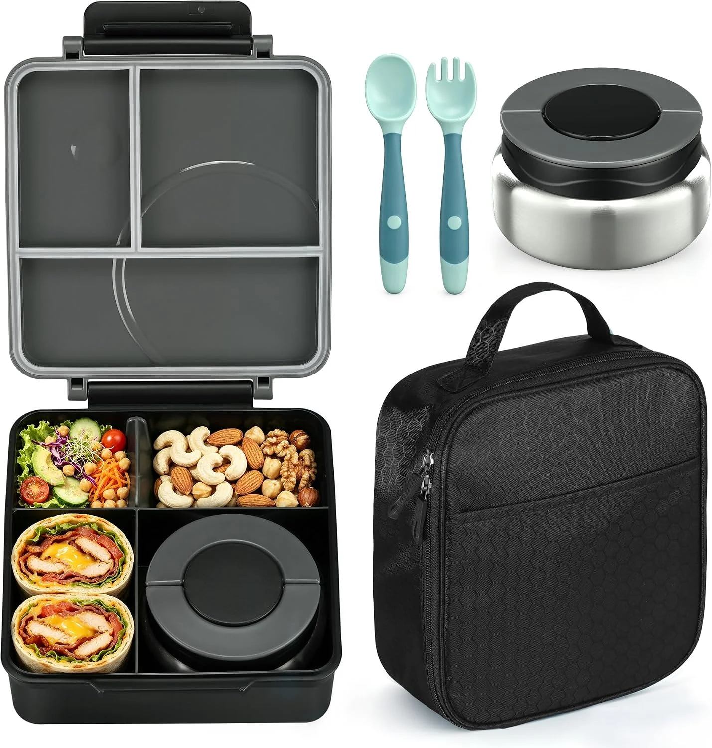 Bento Lunch Box Set for Kids with 8oz Soup Thermo, Leak-Proof Lunch Containers with 4 Compartment, Kids Thermo Hot Food Jar and Insulated Lunch Bag for Kid to School-Black - Image 4