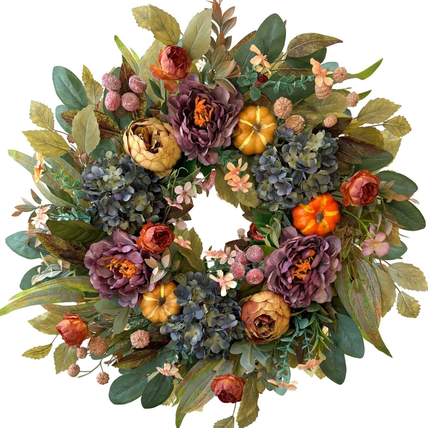 24 Inch Fall Wreaths for Front Door with Hydrangea, Mini Pumpkins - Image 3