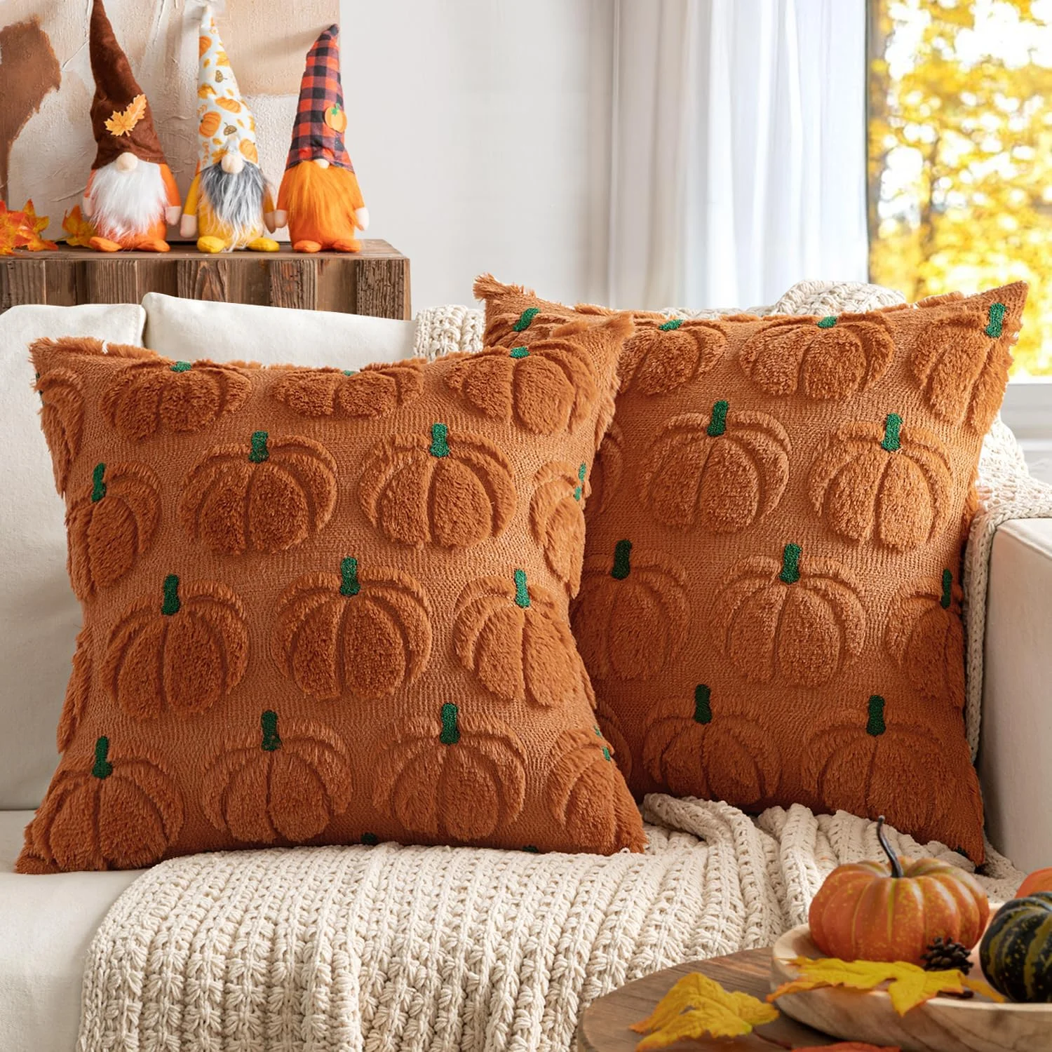 Fall Pumpkin Pillow Covers Fall Decor Beige Brown Stem 20x20 - Image 2
