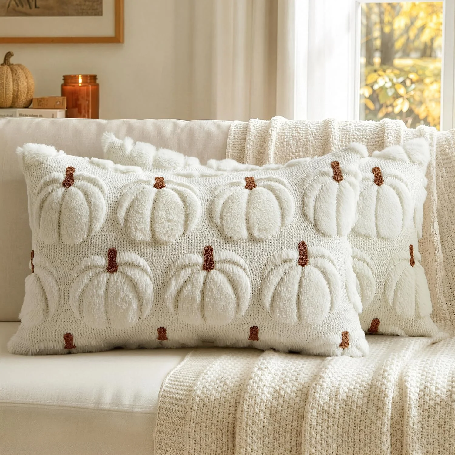 Fall Pumpkin Pillow Covers Fall Decor Beige Brown Stem 20x20 - Image 4