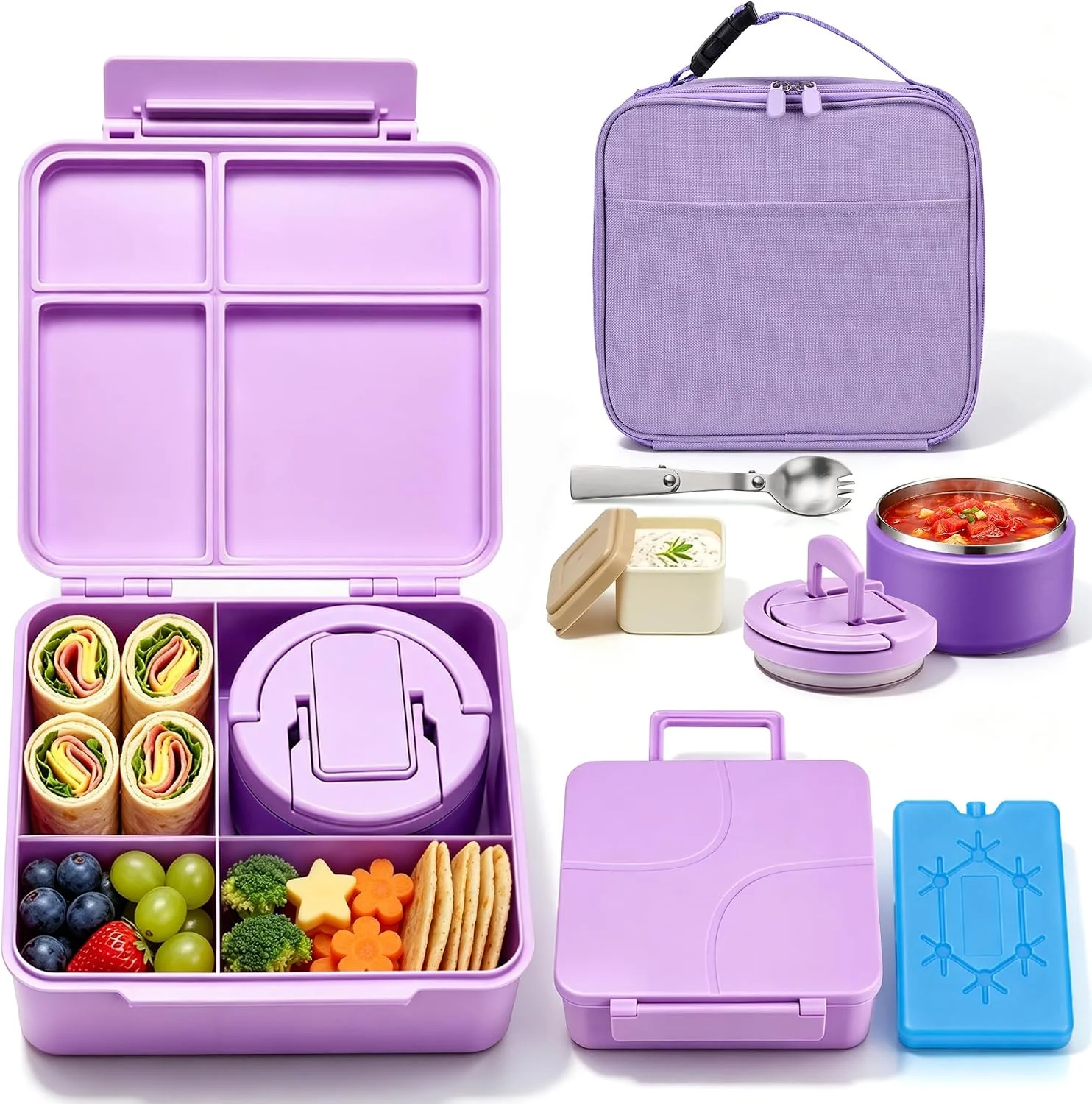 Bento Lunch Box with 8oz Soup Thermo, Kids Leakproof 4 Compartment Lunch Food Containers with Sauce Cup and Ice Pack, Kids Thermo Insulated Hot Food Jar and Lunch Bag for School, Trvael-Black - Image 3