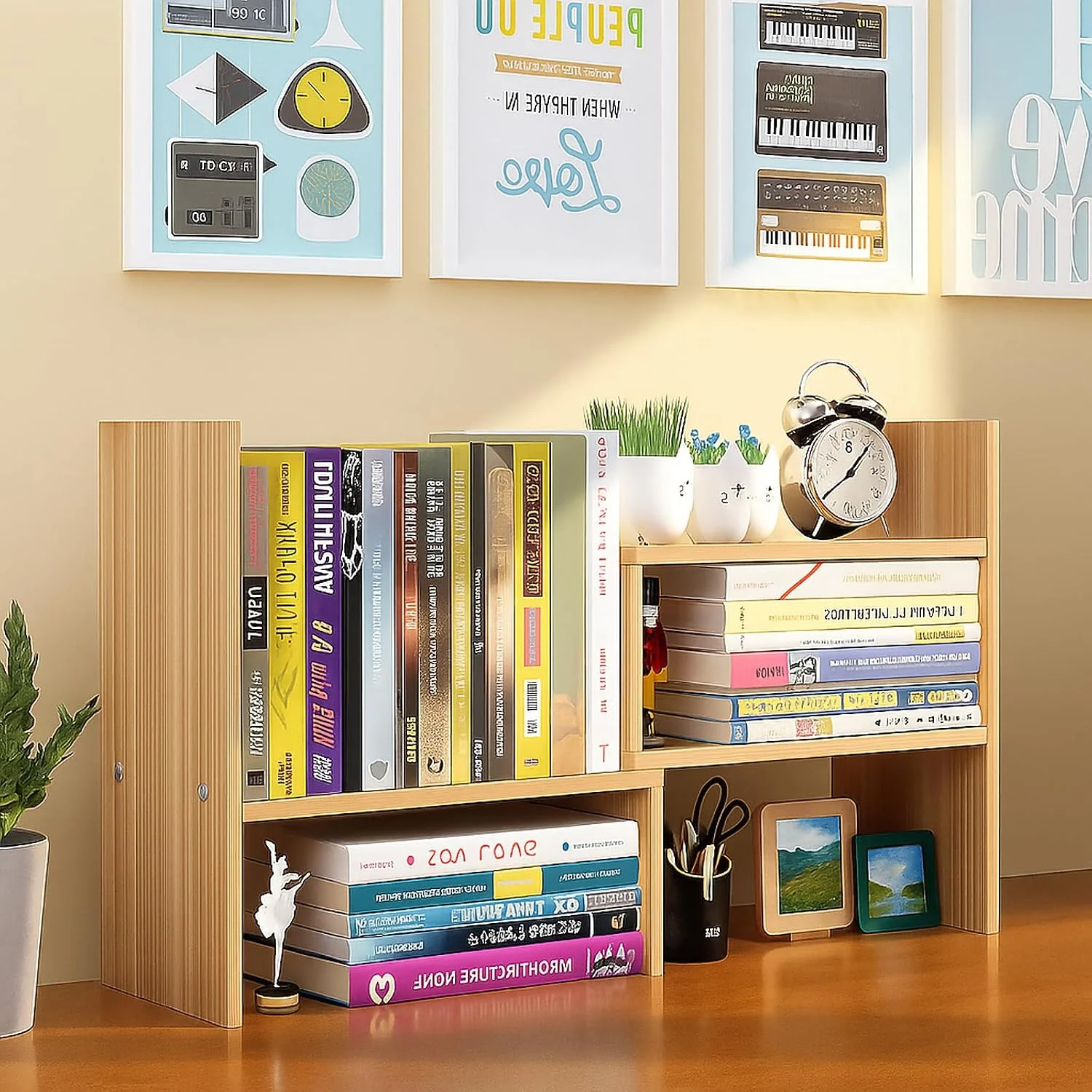 Desktop Shelf Organizer, Adjustable Wood Office Storage Rack, Counter Display Small Bookshelf for Home/Office/School(White) - Image 4