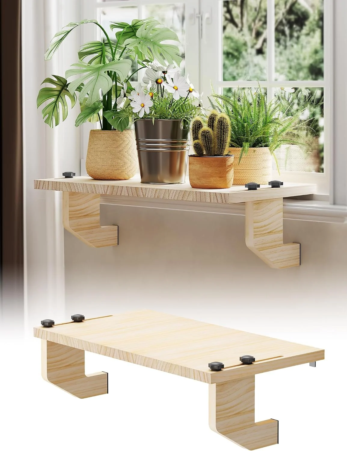 Window Sill Extender Plant Shelf, No Drill Wood Adjustable 21.2x11.8 - Image 3