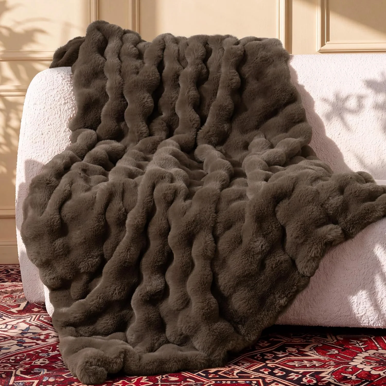 blunique Ultra Soft Cozy Faux Fur Throw Blanket, Fuzzy Plush Thick Bubble Blanket, Luxury Fluffy Blanket for Couch, Sofa, Bedroom, and Living Room, 50x60 Inches, Cream White - Image 2