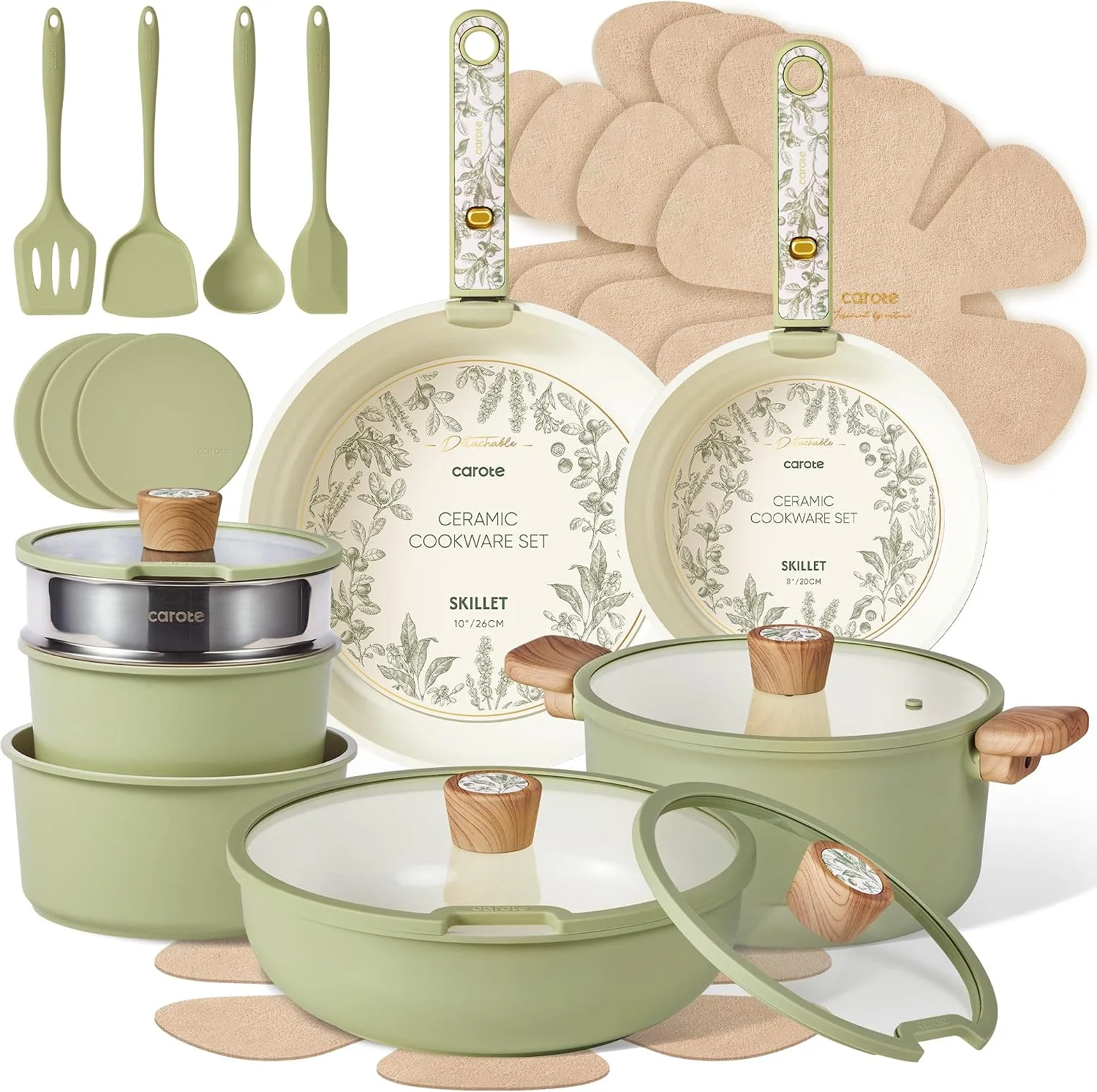 CAROTE 25pcs Ceramic Cookware Sets, Detachable Handle Pots and Pans Set - Image 3