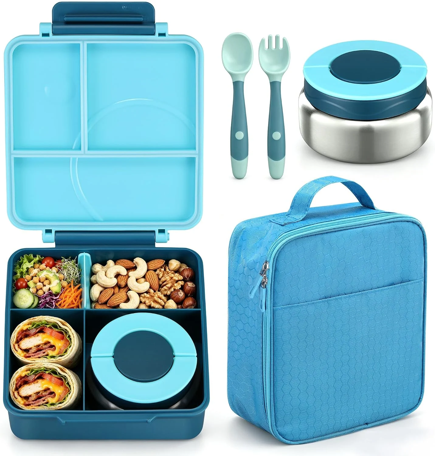 Bento Lunch Box Set for Kids with 8oz Soup Thermo, Leak-Proof Lunch Containers with 4 Compartment, Kids Thermo Hot Food Jar and Insulated Lunch Bag for Kid to School-Black - Image 2