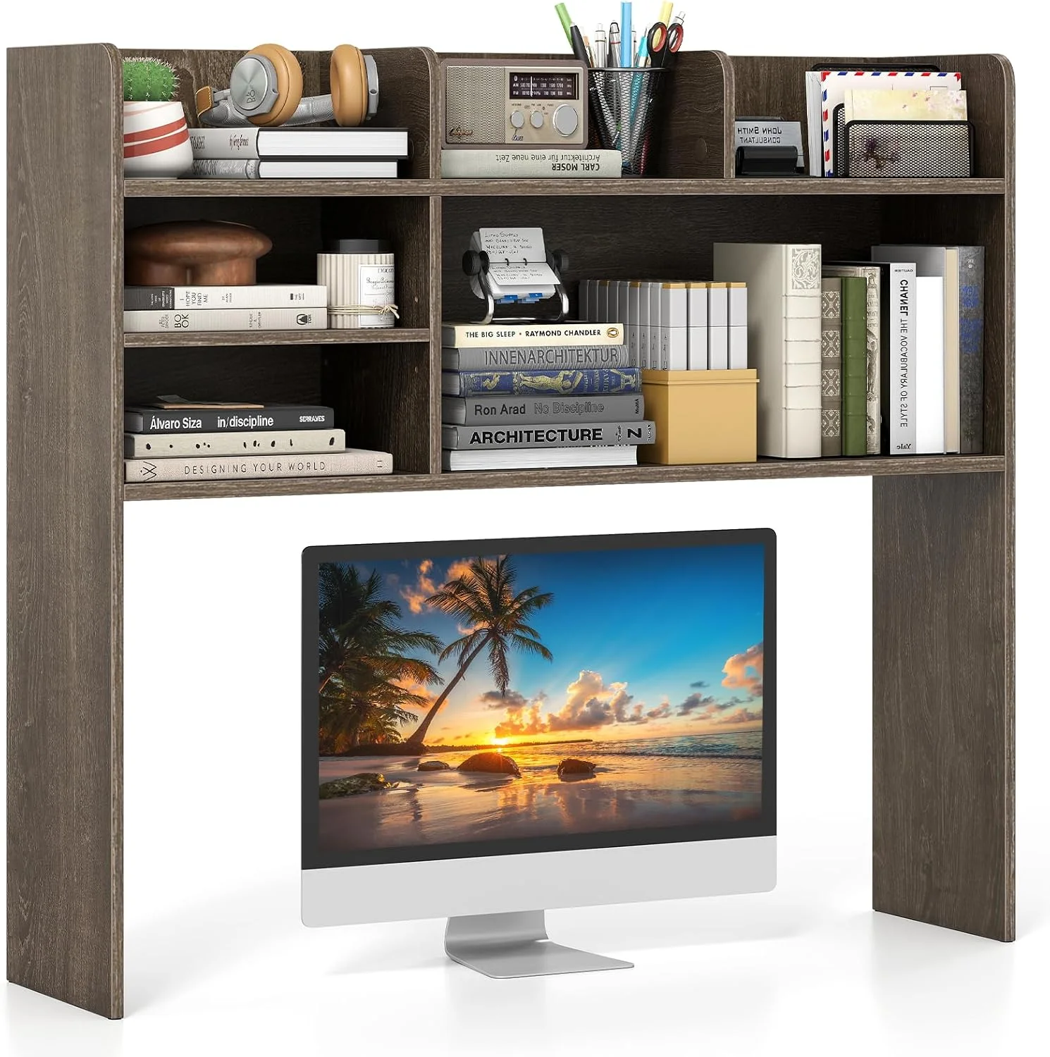Desktop Bookshelf, 37 Desk Hutch Dorm for Computer Up to 32 Inch, Countertop Hutch w/6 Storage Shelves, 3-Tier Desktop Organizer Display Rack, Wood Desk Shelf for Home Office (Natural) - Image 15