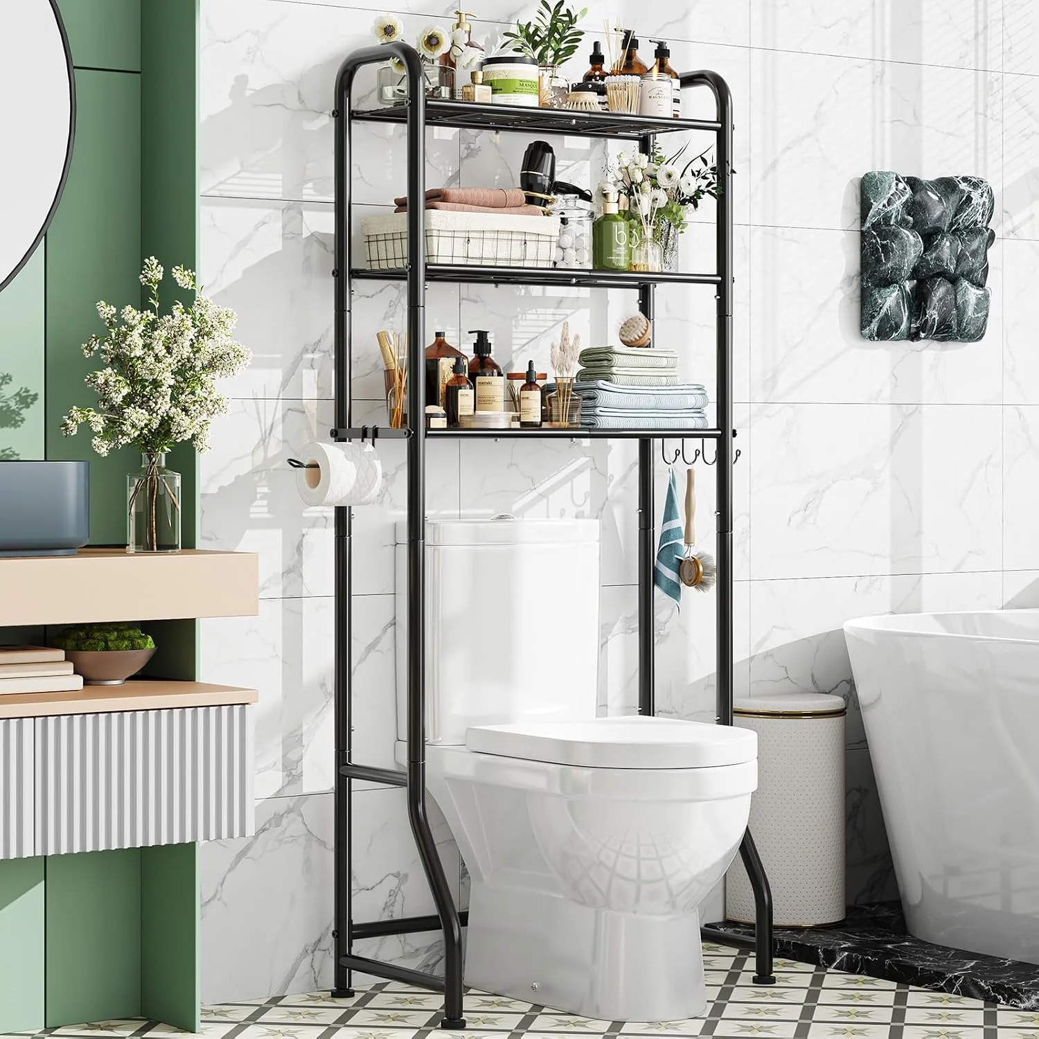 Trending Over The Toilet Storage Cabinet, Metal Bathroom Shelf Organizer with Paper Holder and Hooks, 3 Tier, Black - Image 9