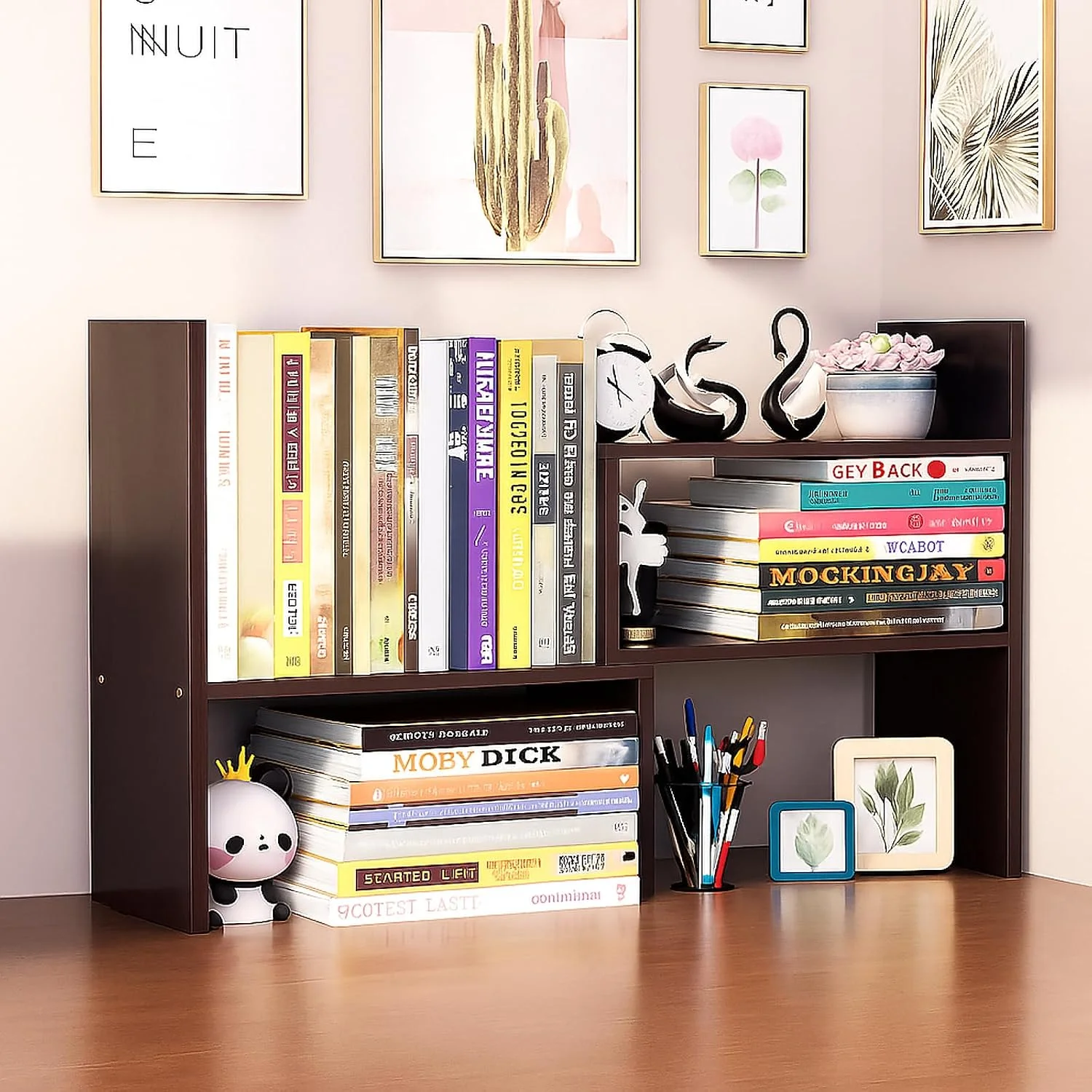 Desktop Shelf Organizer, Adjustable Wood Office Storage Rack, Counter Display Small Bookshelf for Home/Office/School(White) - Image 3