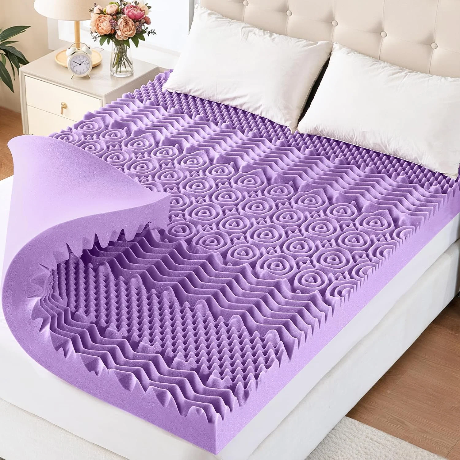 YUGYVOB Mattress Topper Queen, Foam Queen Mattress Topper, Cooling Gel Infused Bed Topper, 7 Zone Egg Crate Foam, CertiPUR-US Certified, 2 Inch - Image 2
