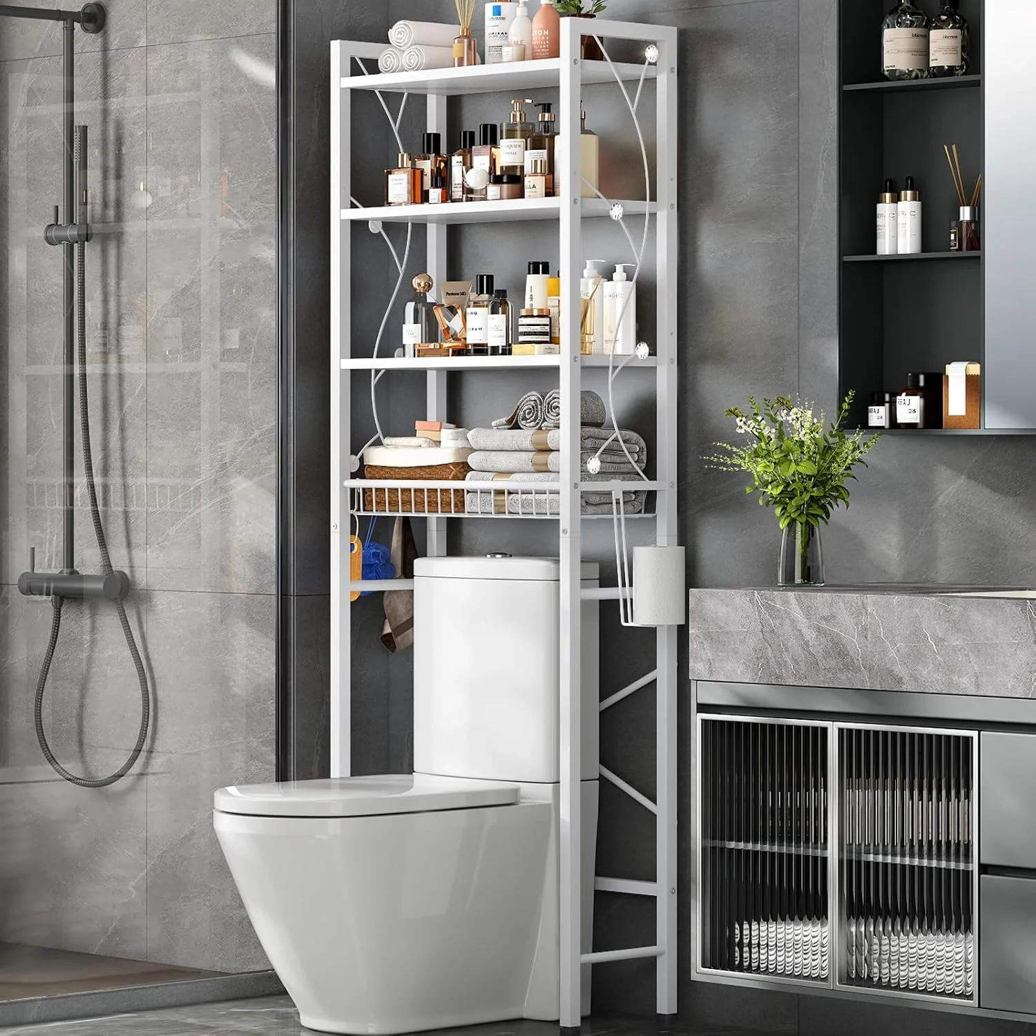Over-The-Toilet Storage Rack, 4-Tier Bathroom Organizer Shelf Over Toilet with Adjustable Shelf and Basket, Freestanding Space Saver Bathroom Shelves Above Toilet for Room (Pure White) - Image 3