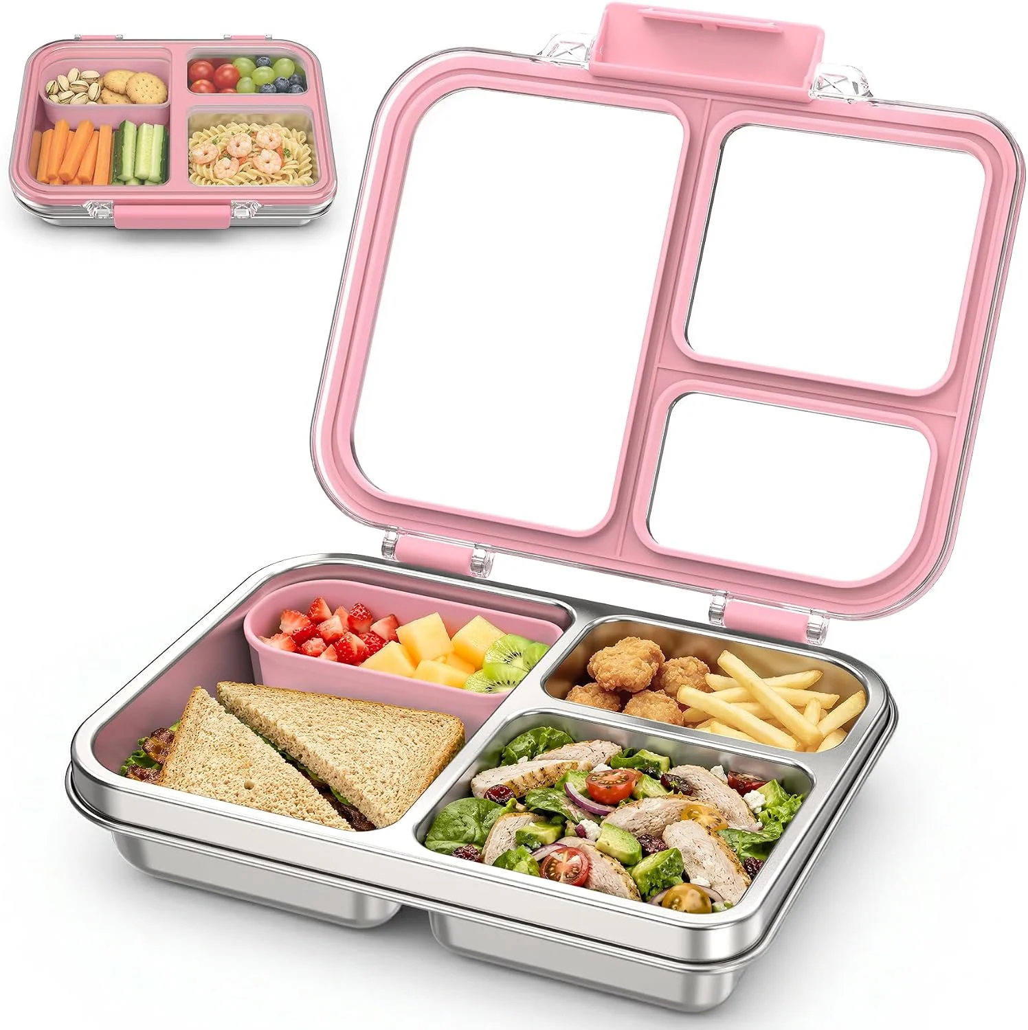 FAJSL Stainless Steel Bento Box for Kids, 3-Compartment Metal Lunch Box with Clear Lid & Removable Silicone, Lunch Box Kids with Silicone Inner Container for Meal Prep, School, Office (Grey)