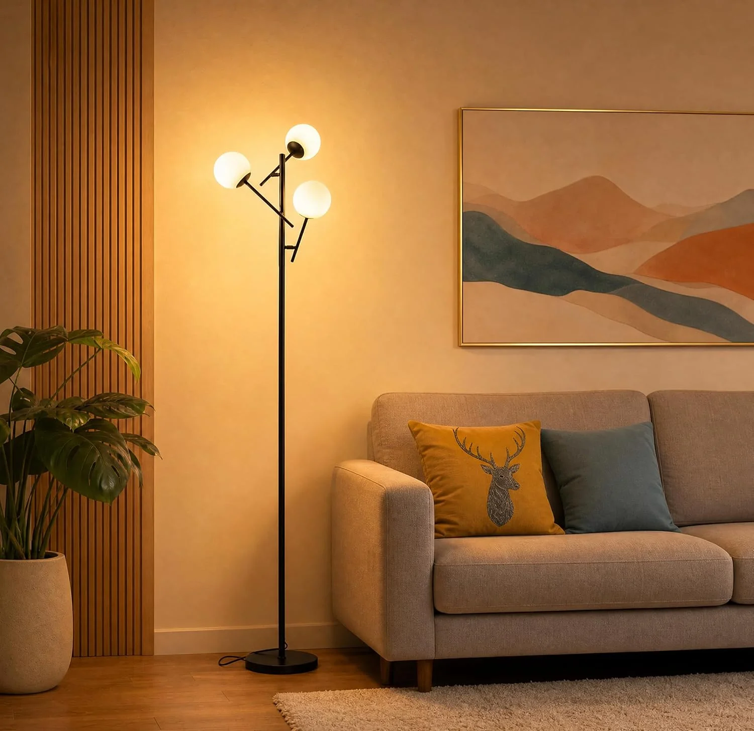 3 Globe Floor Lamp Mid Century Modern, Gold Standing Lamp with Frosted Glass Shade & LED Bulbs, Tall Pole Light with Foot Switch for Living Room - Image 4