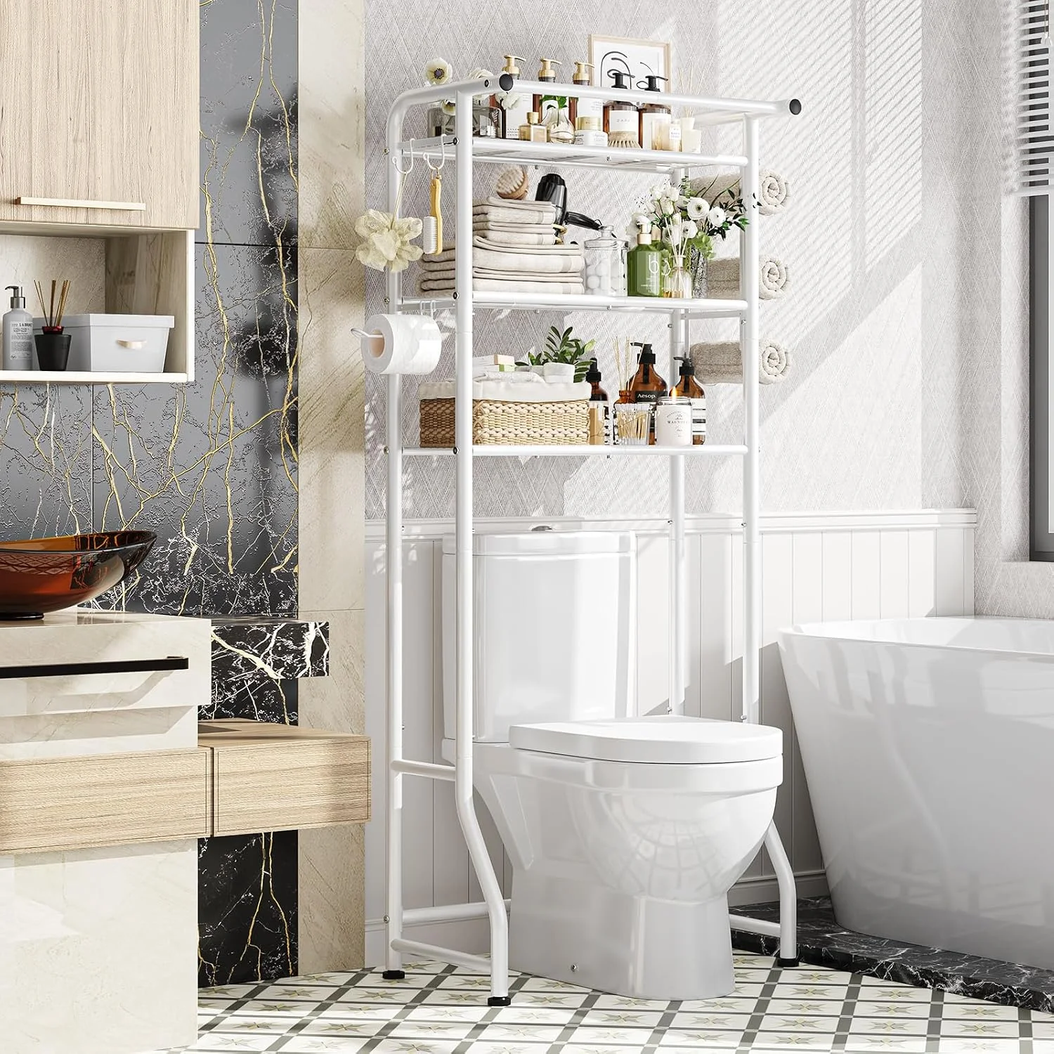 Trending Over The Toilet Storage Cabinet, Metal Bathroom Shelf Organizer with Paper Holder and Hooks, 3 Tier, Black - Image 12