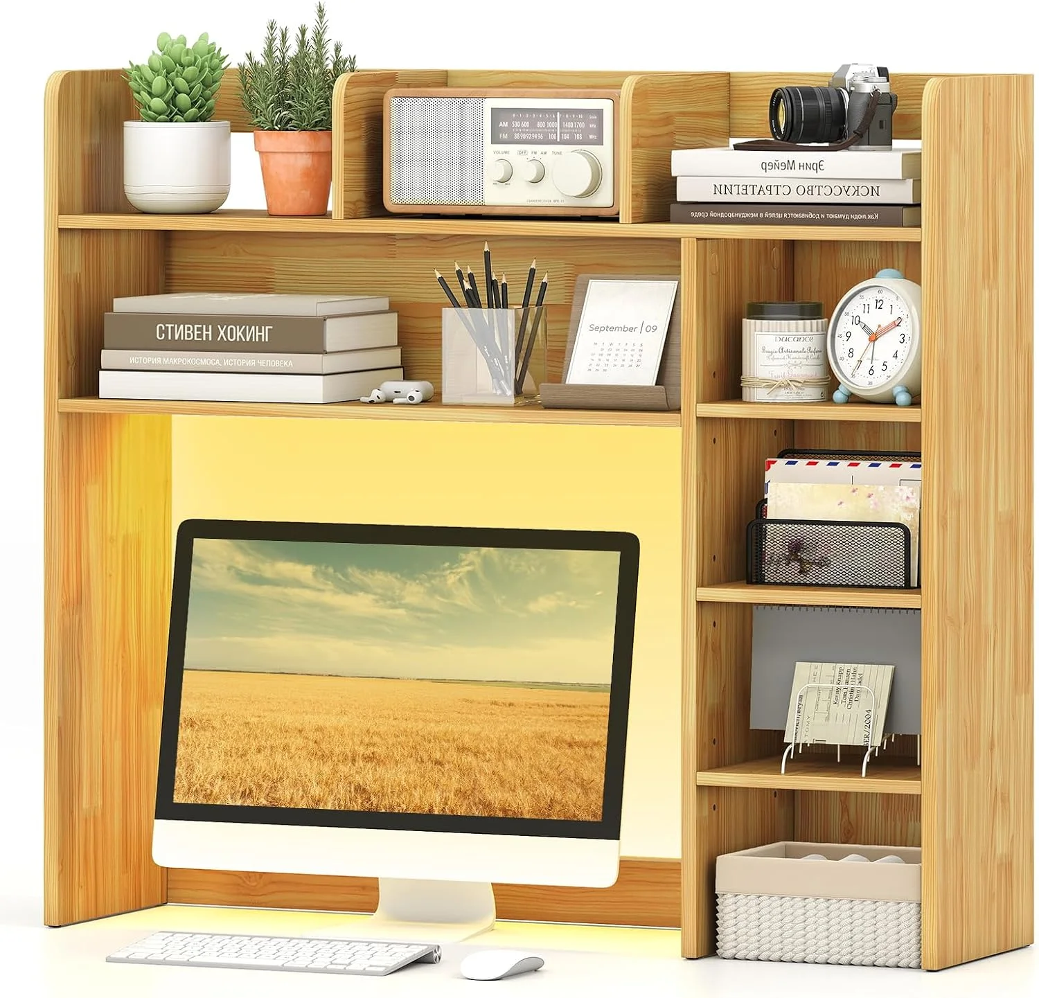 Desktop Bookshelf, Countertop Storage Hutch with 5 Shelves for Computer Desk, 3-Tier Display Rack, Multipurpose Wood Storage Organizer for Dorm Office Home - Image 6