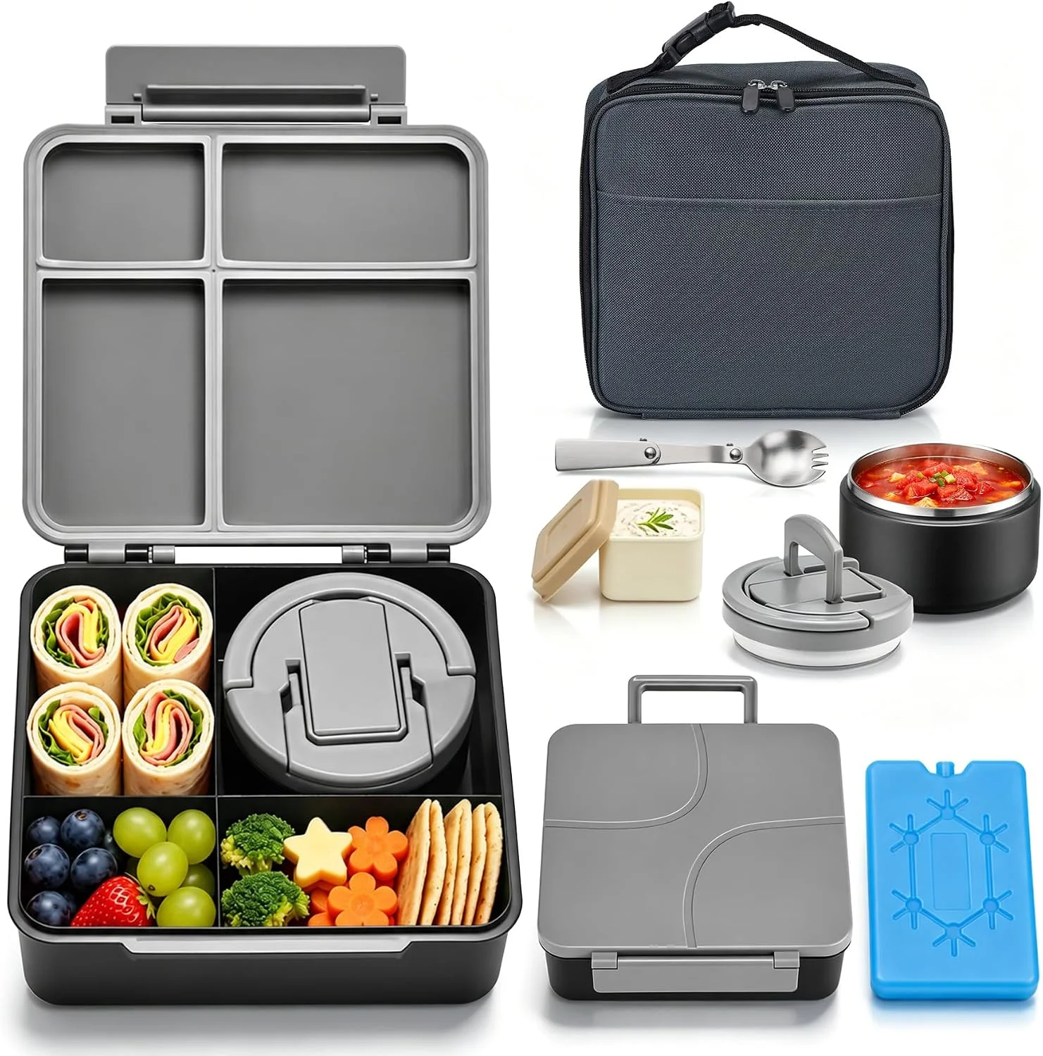 Bento Lunch Box with 8oz Soup Thermo, Kids Leakproof 4 Compartment Lunch Food Containers with Sauce Cup and Ice Pack, Kids Thermo Insulated Hot Food Jar and Lunch Bag for School, Trvael-Black - Image 4