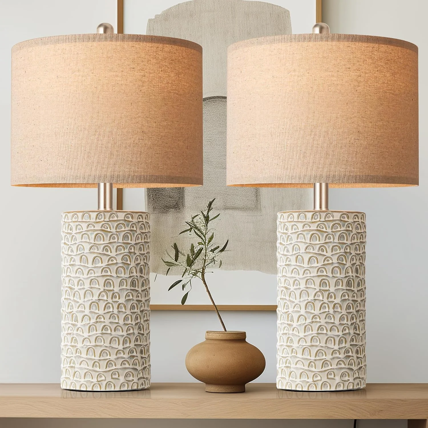 23 Modern Ceramic Table Lamp Set of 2, Table Lamps for Living Room, Rustic Farmhouse Bedside Lamps Nightstand lamp for Bedroom - Image 2