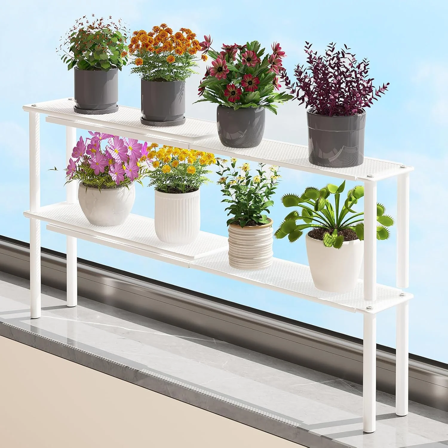 Expandable Kitchen Sink Organizer Window Shelf for Plants Stackable Narrow Shelves Kitchen Countertop Holder Mesh Design (2, White (Depth 3.54)) - Image 2
