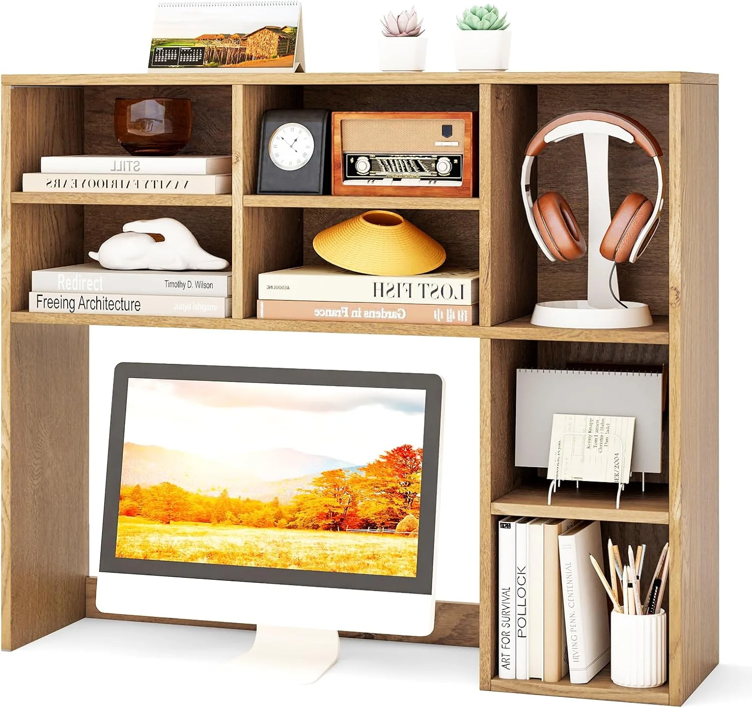 Desktop Bookshelf, Countertop Storage Hutch with 5 Shelves for Computer Desk, 3-Tier Display Rack, Multipurpose Wood Storage Organizer for Dorm Office Home - Image 18
