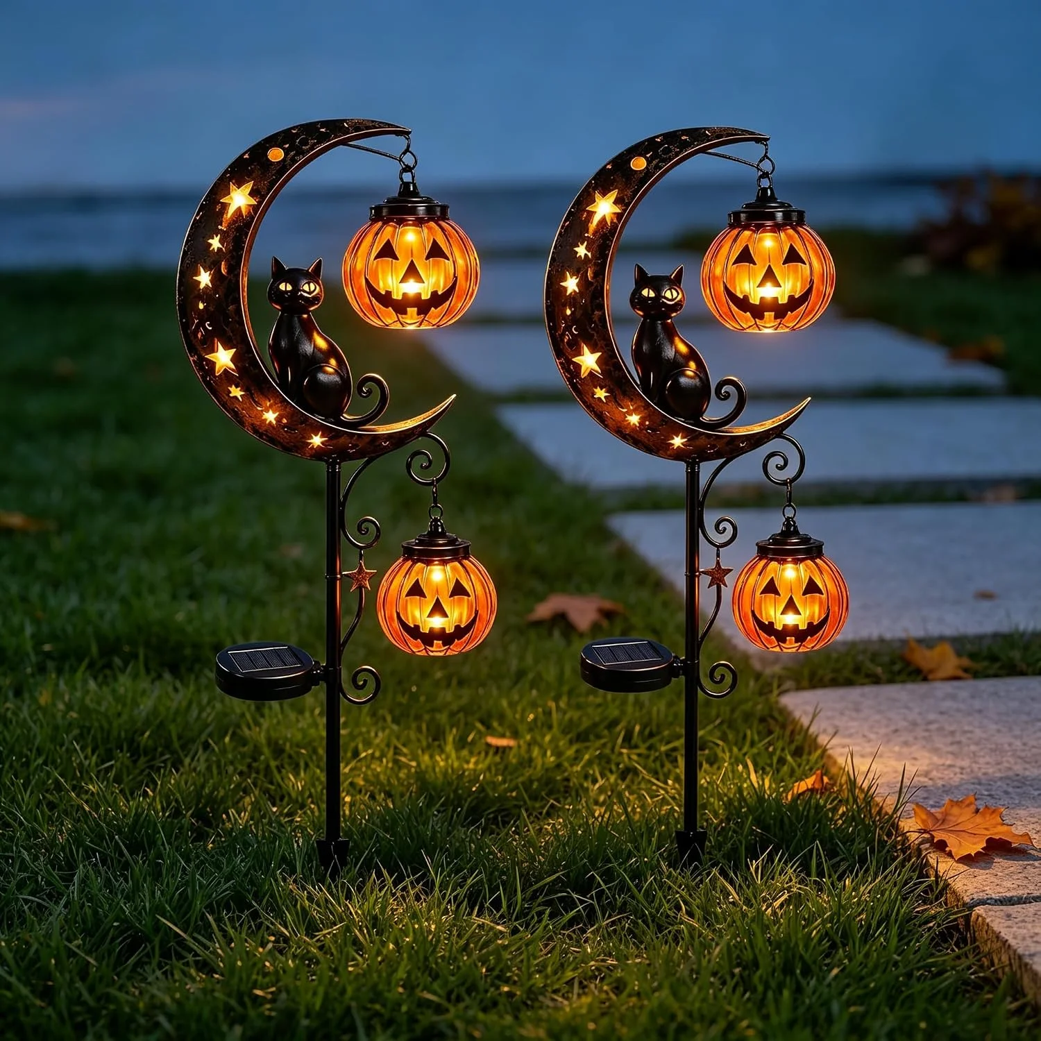 Solar Lights, Halloween Black Cat Pumpkin Moon Garden Stake Light