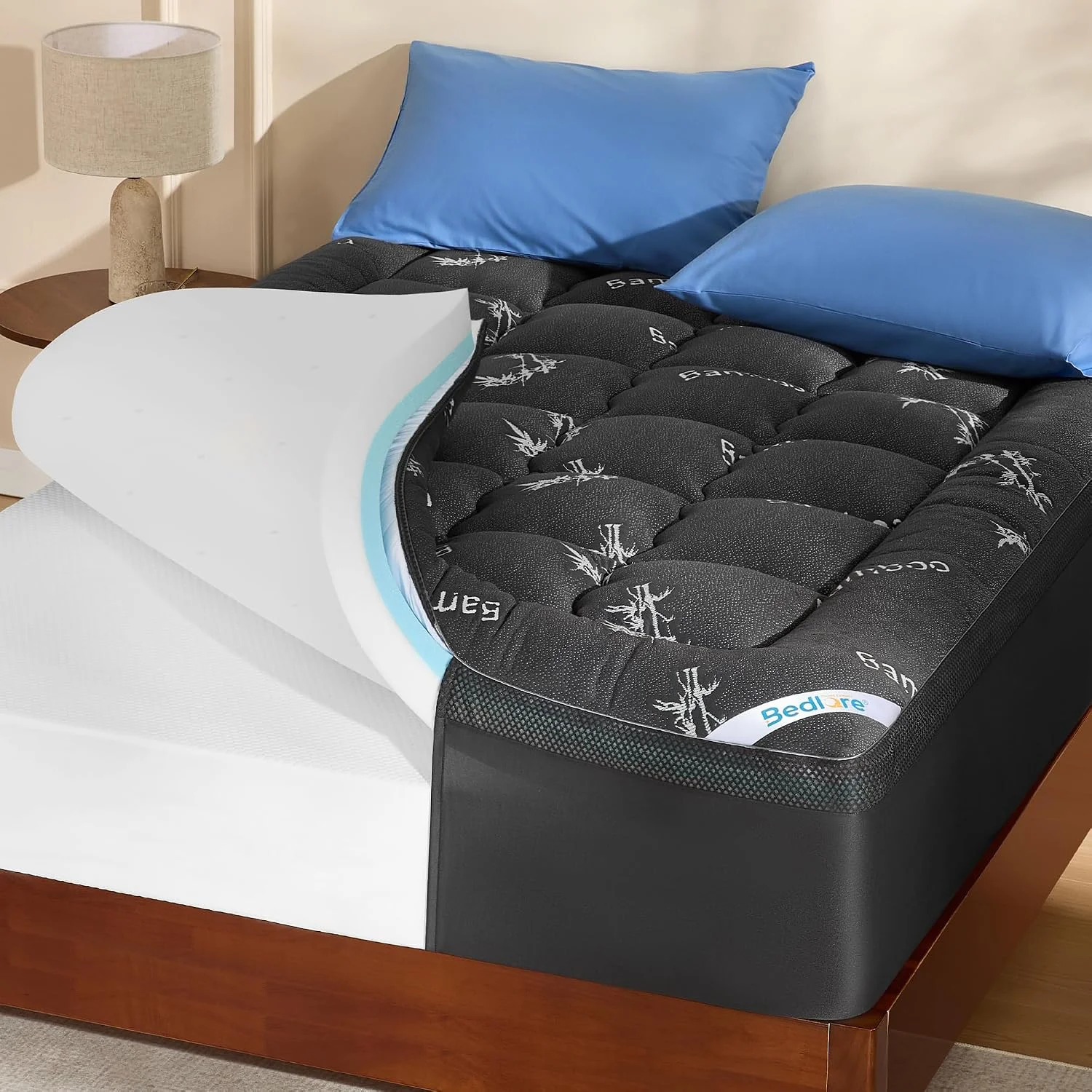 BEDLORE Dual Layer 4 Inch Memory Foam Mattress Topper King Size,Gray